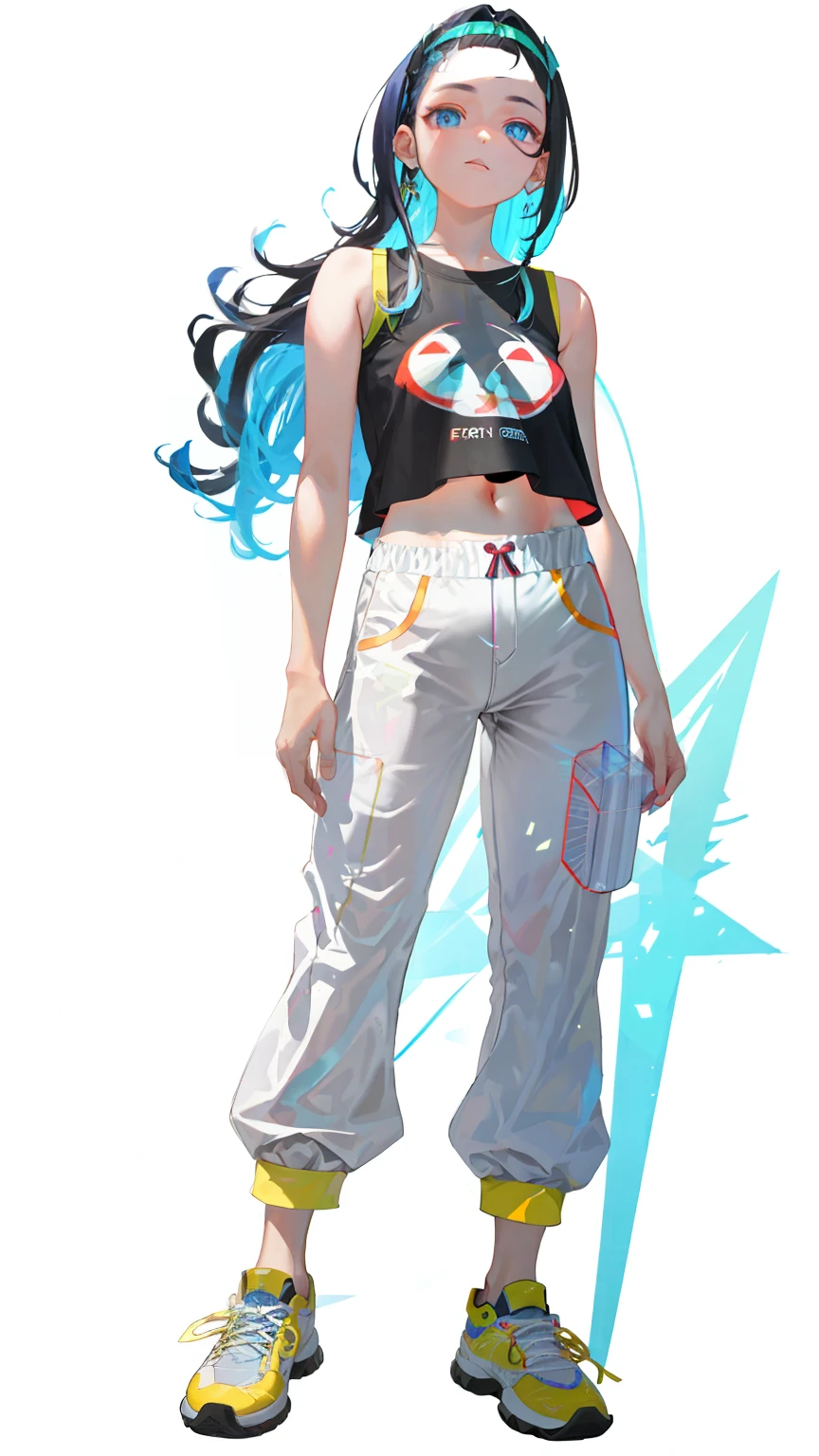 1girl,全身,长发,头发到地面,中等乳房,露指手套,露脐上衣,工装裤,黑暗的灯光,Bare Arms, (Shoulders: 1.9), Long Hair, Pure White Background, Croptop, Kpop Idol, Short Sleeve T-Shirt, Hip Hop Pants, Colorful, 1 Female Wearing Colorful PVC Tank Top ((Movie Interference)), Full Body, Wearing Sneakers , beautiful eyes, shine, accessories, portraits, original game paintings, c4d, blender, pretty face, black bottom, 1 piece of women's clothing ((color laser transparent PVC material)) coat shoes, film interference, full body, beautiful eyes, luse, accessories, portrait, Game Art, Character Concept Design, Beauty, White Background, Masterpiece, Top Quality, High Quality, High Resolution{beautiful detailed eyes:1.4}, (hyper intricate fine detail), (extremely delicate and beautiful women: 1.2), ( Exquisite beautiful cute face: 1.3), glowing eyes, shiny hair, shiny skin,