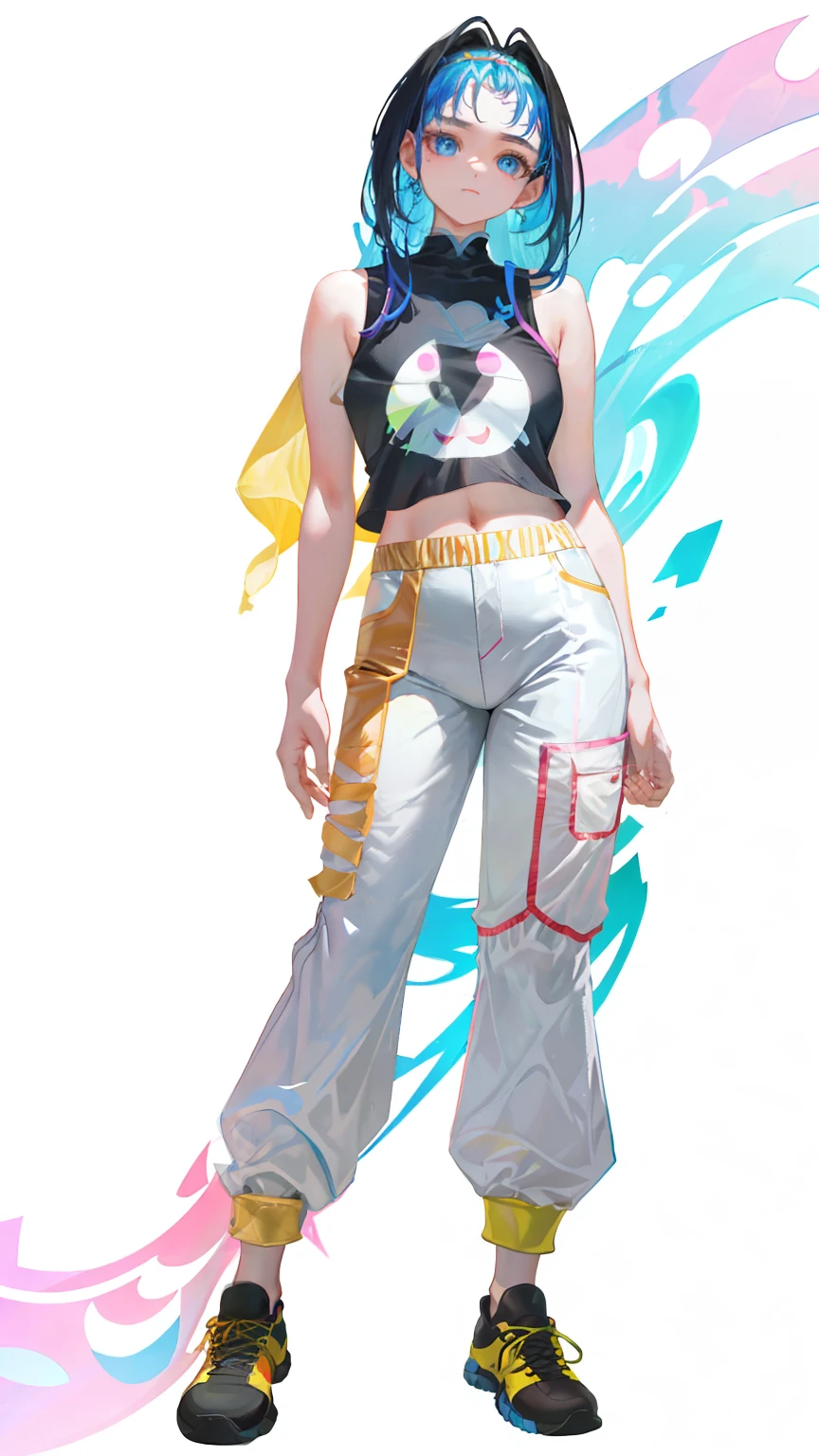 1girl,全身,长发,头发到地面,中等乳房,露指手套,露脐上衣,工装裤,黑暗的灯光,Bare Arms, (Shoulders: 1.9), Long Hair, Pure White Background, Croptop, Kpop Idol, Short Sleeve T-Shirt, Hip Hop Pants, Colorful, 1 Female Wearing Colorful PVC Tank Top ((Movie Interference)), Full Body, Wearing Sneakers , beautiful eyes, shine, accessories, portraits, original game paintings, c4d, blender, pretty face, black bottom, 1 piece of women's clothing ((color laser transparent PVC material)) coat shoes, film interference, full body, beautiful eyes, luse, accessories, portrait, Game Art, Character Concept Design, Beauty, White Background, Masterpiece, Top Quality, High Quality, High Resolution{beautiful detailed eyes:1.4}, (hyper intricate fine detail), (extremely delicate and beautiful women: 1.2), ( Exquisite beautiful cute face: 1.3), glowing eyes, shiny hair, shiny skin,