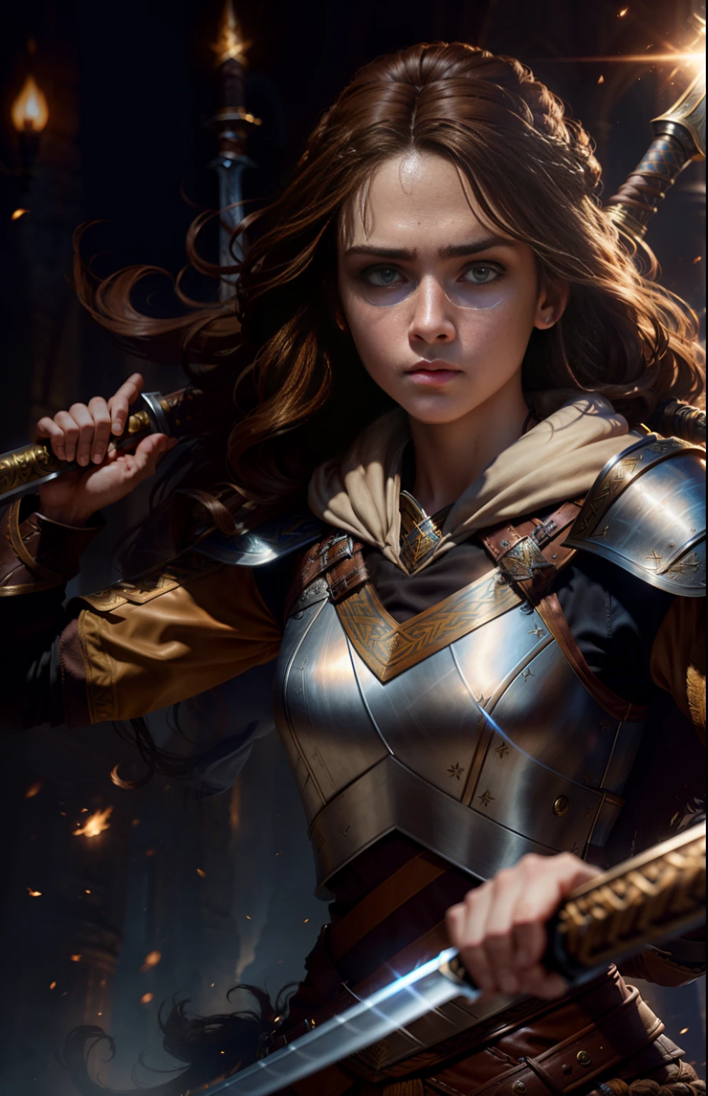 (movie poster, female warrior, long brown hair, exquisite face, wielding long sword, Hermione, leather gear, rich details, complex details, volumetric lighting, 4K rendering, hyperrealistic, lifelike texture.)