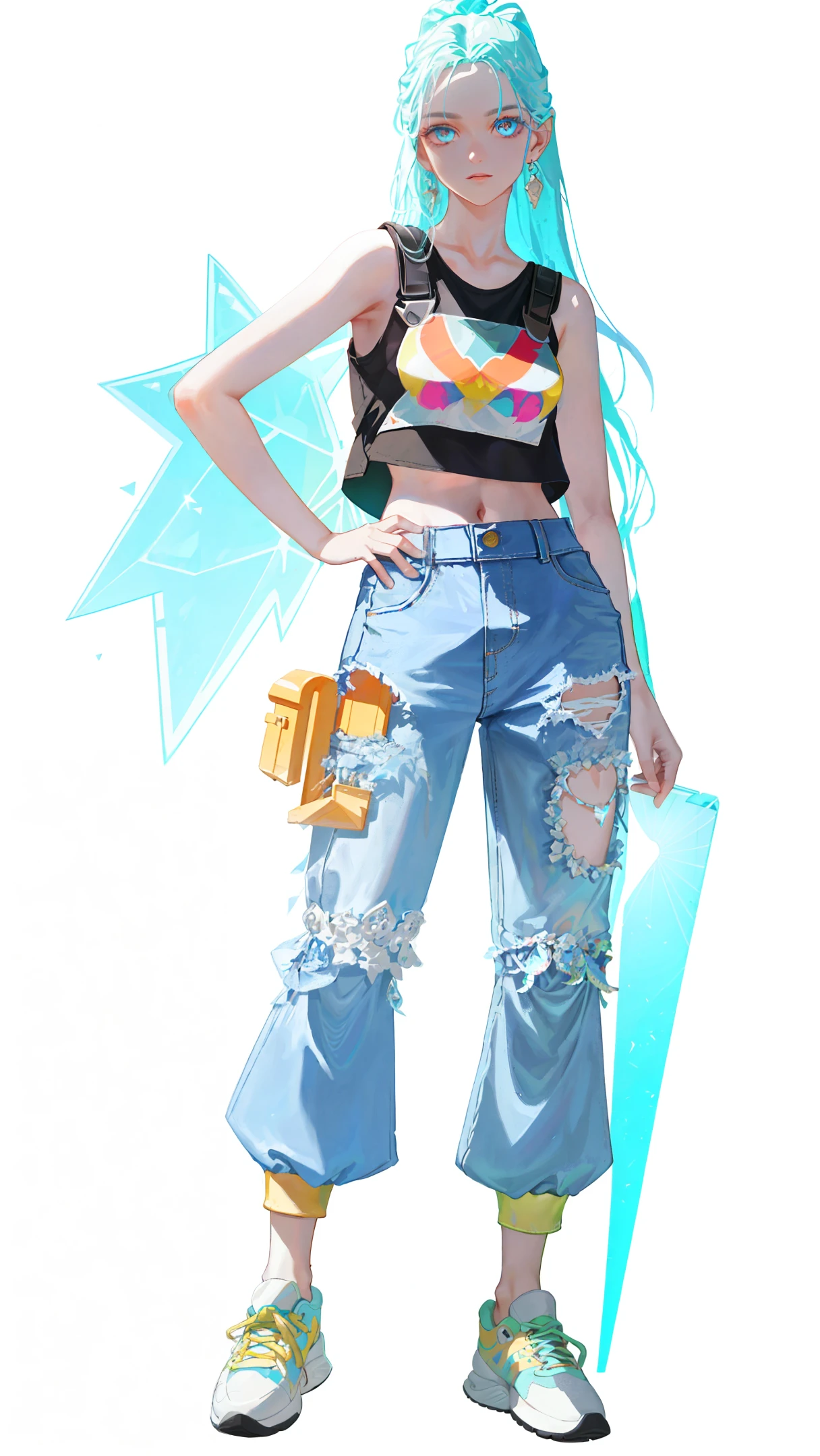 1girl, full body, long hair, hair to the ground, medium breasts, mitts, crop top, overalls, dark lights, Bare Arms, (Shoulders: 1.9), Long Hair, Pure White Background, Croptop, Kpop Idol, Short Sleeve T-Shirt, Hip Hop Pants, Colorful, 1 Female Wearing Colorful PVC Tank Top ((Movie Interference)), Full Body, Wearing Sneakers , beautiful eyes, shine, accessories, portraits, original game paintings, c4d, blender, pretty face, black bottom, 1 piece of women's clothing ((color laser transparent PVC material)) coat shoes, film interference, full body, beautiful eyes, accessories, portrait, Game Art, Character Concept Design, Beauty, White Background, Masterpiece, Top Quality, High Quality, High Resolution{beautiful detailed eyes:1.4}, (hyper intricate fine detail), (extremely delicate and beautiful women: 1.2), (Exquisite beautiful cute face: 1.3), glowing eyes,