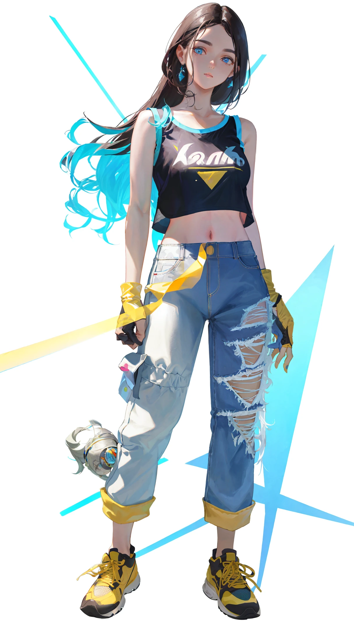 1girl, full body, long hair, hair to the ground, medium breasts, mitts, crop top, overalls, dark lights, Bare Arms, (Shoulders: 1.9), Long Hair, Pure White Background, Croptop, Kpop Idol, Short Sleeve T-Shirt, Hip Hop Pants, Colorful, 1 Female Wearing Colorful PVC Tank Top ((Movie Interference)), Full Body, Wearing Sneakers , beautiful eyes, shine, accessories, portraits, original game paintings, c4d, blender, pretty face, black bottom, 1 piece of women&#39;s clothing ((color laser transparent PVC material)) coat shoes, film interference, full body, beautiful eyes, accessories, portrait, Game Art, Character Concept Design, Beauty, White Background, Masterpiece, Top Quality, High Quality, High Resolution{beautiful detailed eyes:1.4}, (hyper intricate fine detail), (extremely delicate and beautiful women: 1.2), (Exquisite beautiful cute face: 1.3), glowing eyes,