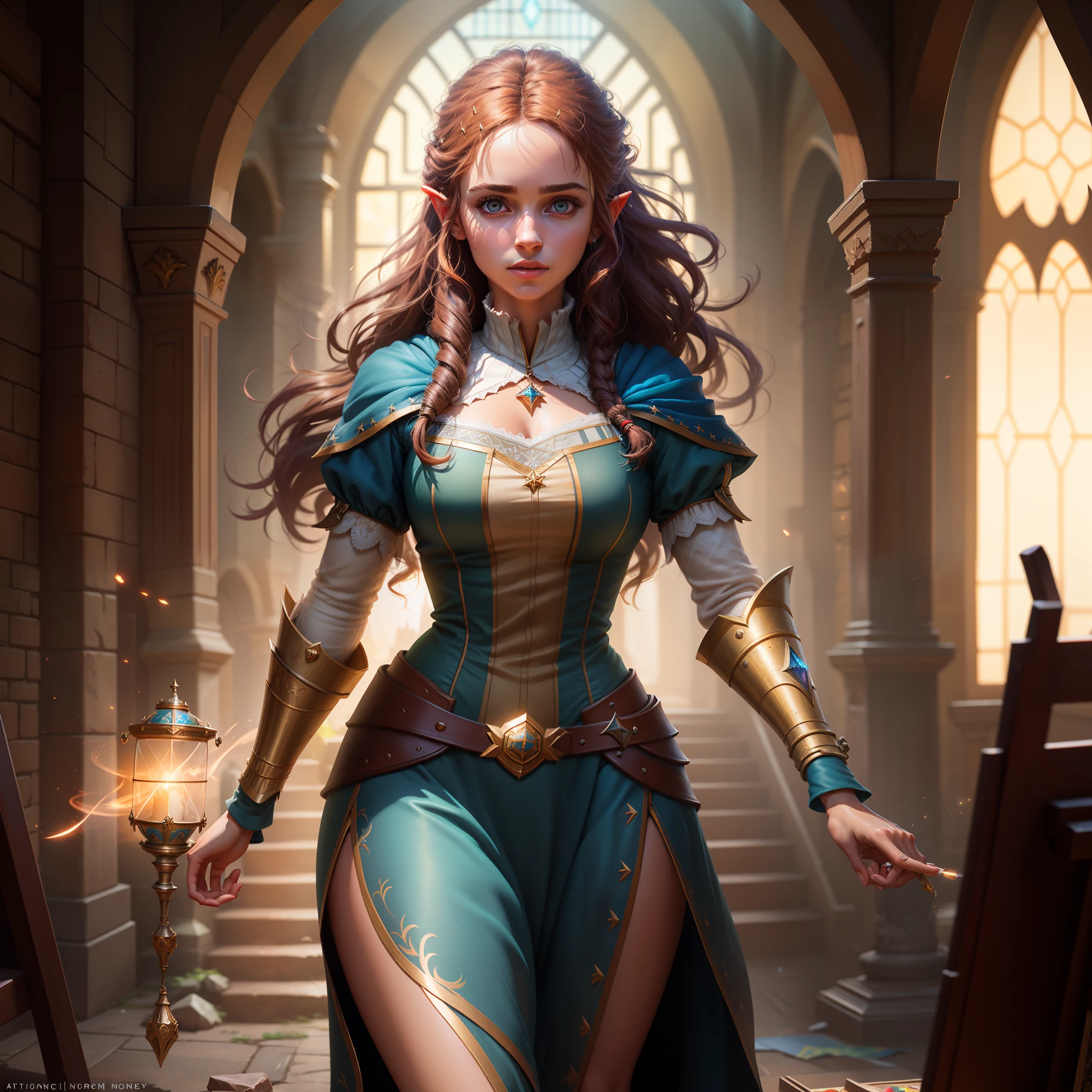 Highly detailed RAW color Photo, beautiful young girl, Hermione, dynamic pose, (wide hips), (detailed skin), (detailed lips), (detailed eyes), (kingdom:1.4), (lord of the rings:1.1), (Sci-Fi setting) (detailed face), (curvy), detailed eyes, chromatic aberration, depth of field, soft lighting, masterpiece, best quality, intricate, (lens flare:0.7), (bloom:0.7), particle effects, raytracing, tone mapped, highly detailed, concept art, smooth, sharp focus, dramatic lighting, highly detailed artwork, cinematic, hyper realistic painting, trending on Artstation, 8K, incredible shadows, realistic, (highly detailed background:1.2), art by midjourney