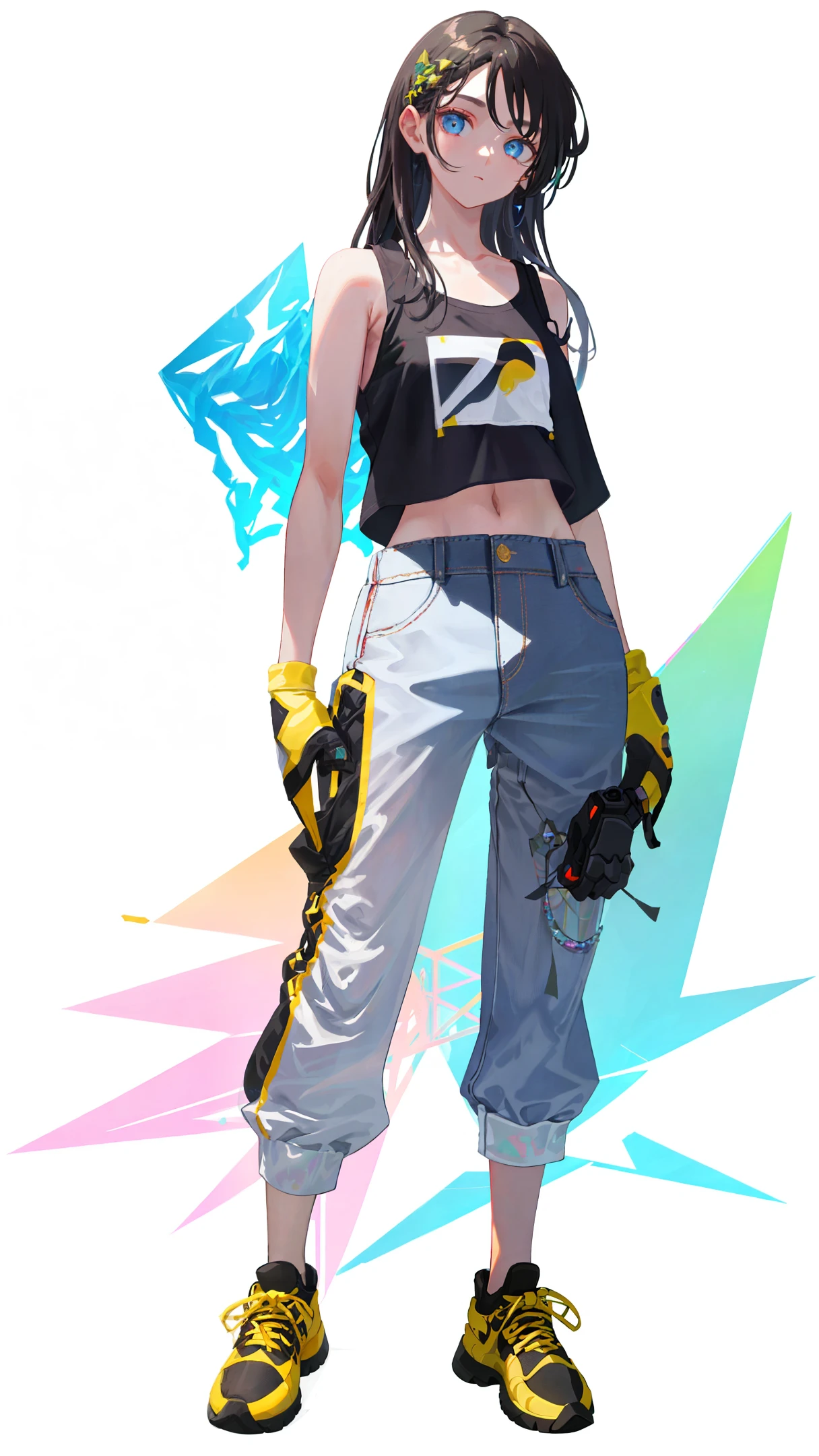 1girl, full body, long hair, hair to the floor, middle chest, mittens, crop top, overalls, dark lights, bare arms, (shoulder: 1.9), long hair, pure white background, croptop, Kpop Idol, short sleeve T - shirt, hip hop pants, colorful, 1 female in colorful PVC tank top ((movie interference)), full body, wearing sneakers, beautiful eyes, sparkle, accessories, portrait, original game drawing, c4d, blender, pretty face, Black bottom, 1 piece of women's clothing ((color laser transparent PVC material)) coat shoes, film interference, full body, beautiful eyes, accessories, portrait, game art, character concept design, beauty, white bottom, masterpiece, Top Quality, High quality , high resolution {beautiful detailed eyes: 1.4}, (super fine detail), (extremely delicate beauty: 1.2), (delicate beautiful cute face: 1.3), glowing eyes,