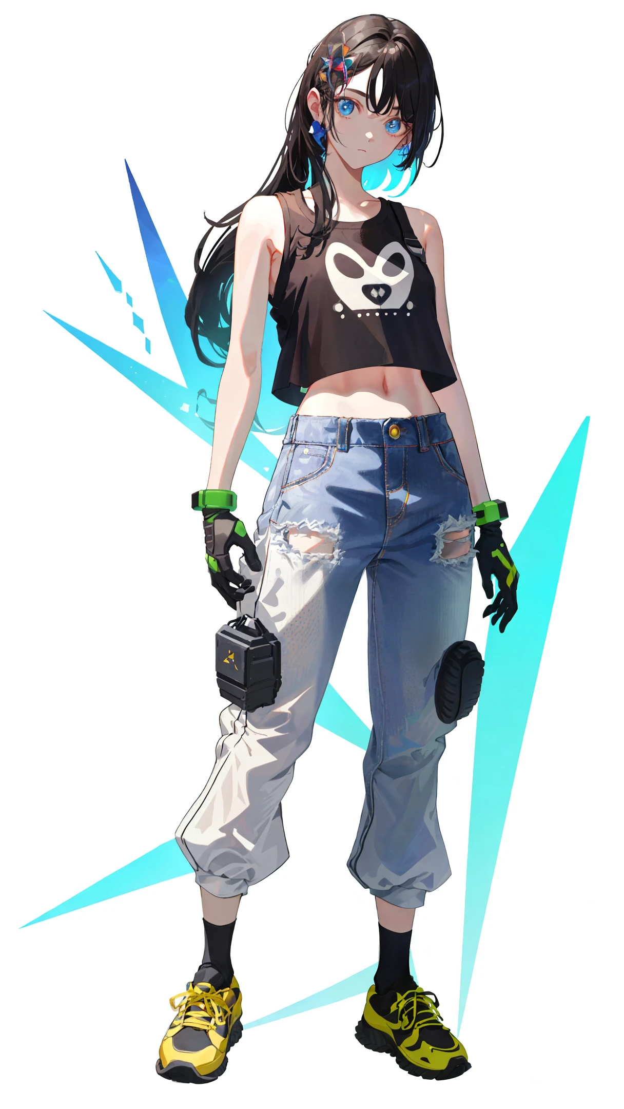 1girl, full body, long hair, hair to the floor, middle chest, mittens, crop top, overalls, dark lights, bare arms, (shoulder: 1.9), long hair, pure white background, croptop, Kpop Idol, short sleeve T - shirt, hip hop pants, colorful, 1 female in colorful PVC tank top ((movie interference)), full body, wearing sneakers, beautiful eyes, sparkle, accessories, portrait, original game drawing, c4d, blender, pretty face, Black bottom, 1 piece of women&#39;s clothing ((color laser transparent PVC material)) coat shoes, film interference, full body, beautiful eyes, accessories, portrait, game art, character concept design, beauty, white bottom, masterpiece, Top Quality, High quality , high resolution {beautiful detailed eyes: 1.4}, (super fine detail), (extremely delicate beauty: 1.2), (delicate beautiful cute face: 1.3), glowing eyes,