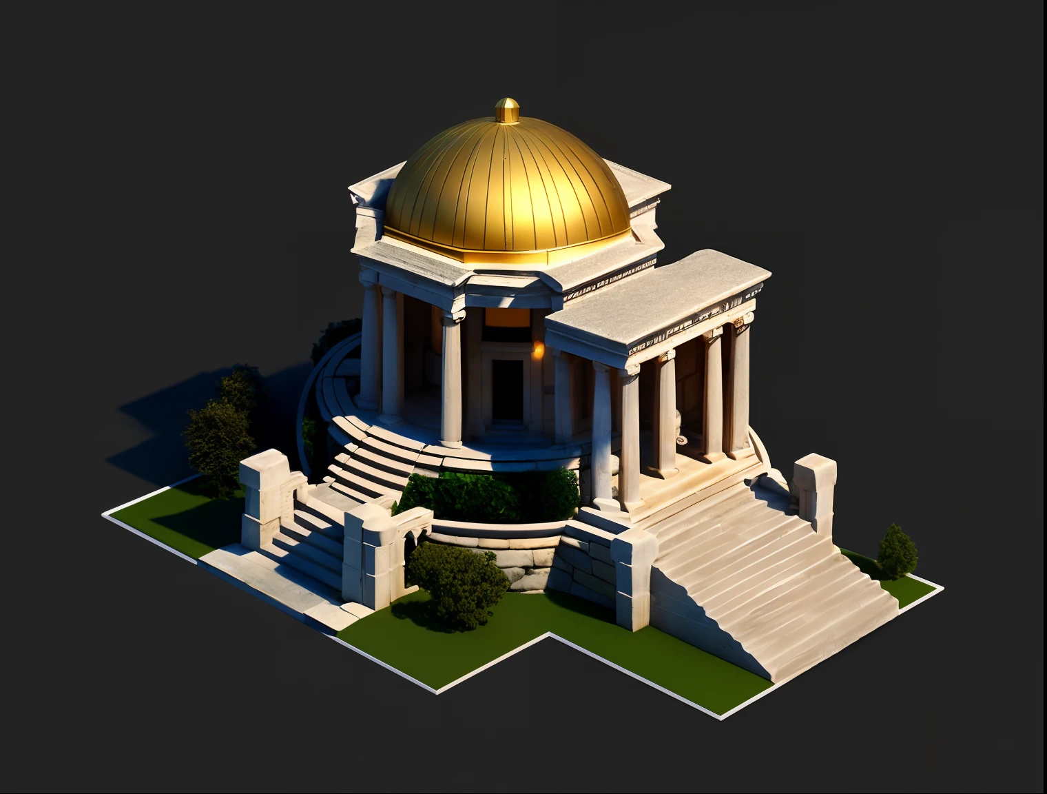 Isometric view, (very detailed 8k wallpaper), a small ancient greek building with a dome on top of the roof and porch entrance, steps leading to the entrance, new objectivity, 3d model, Epsylon Point, concept art, (red Ribbon trim: 0.5)