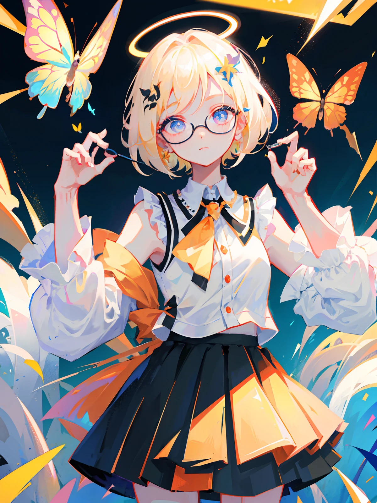 Best Quality, Super High Resolution, (Fidelity: 1.4), 1 Female, Sleeveless White Button Shirt, Black Skirt, Black Collar, ((Girl Wears Glasses)), (Kpop idol), (aegyo sal : 1), (platinum blonde: 1), ((puffy eyes)), looking at viewer, full body, flowers, butterflies, colorful