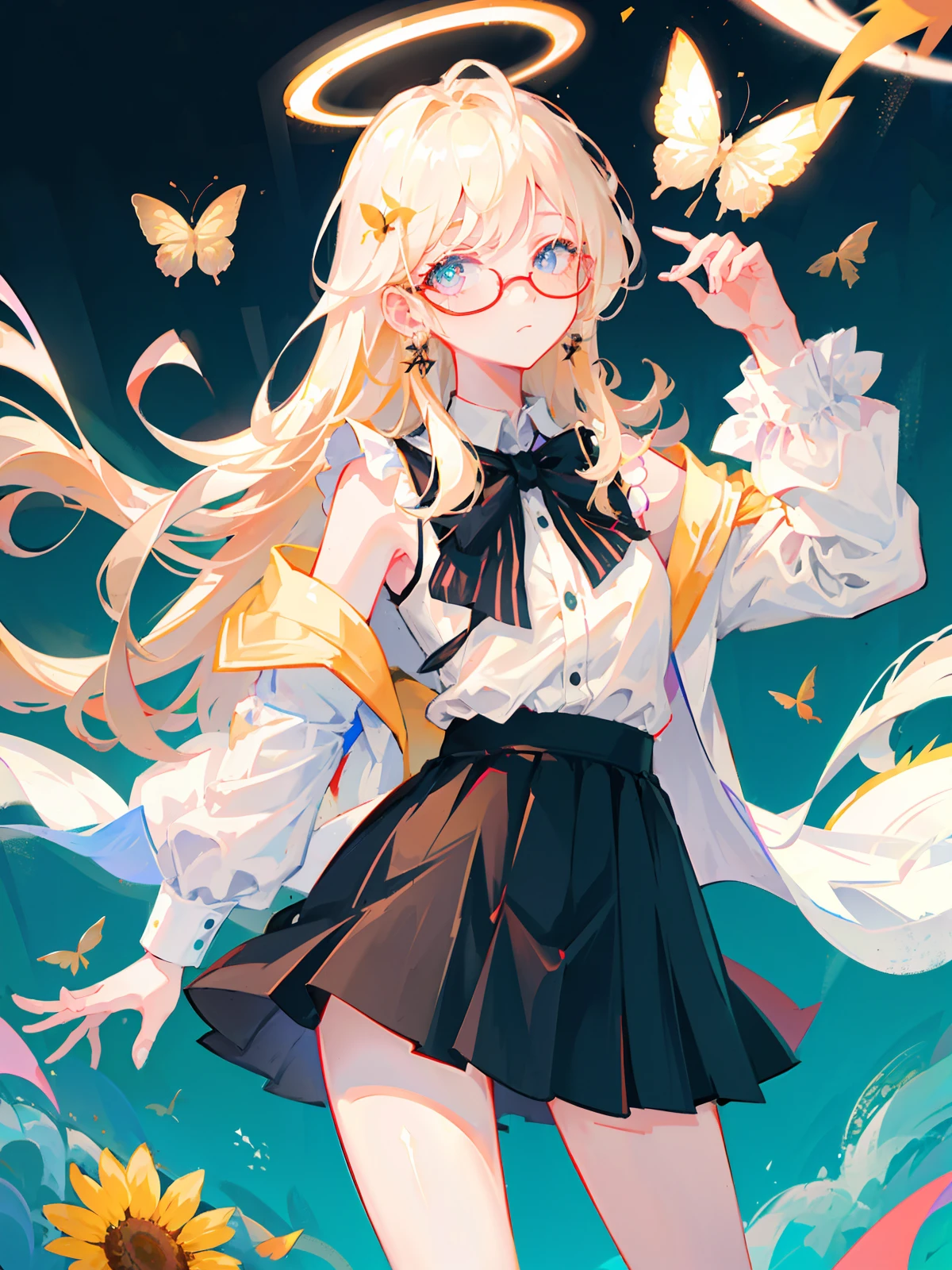 Best Quality, Super High Resolution, (Fidelity: 1.4), 1 Female, Sleeveless White Button Shirt, Black Skirt, Black Collar, ((Girl Wears Glasses)), (Kpop idol), (aegyo sal : 1), (platinum blonde: 1), ((puffy eyes)), looking at viewer, full body, flowers, butterflies, colorful