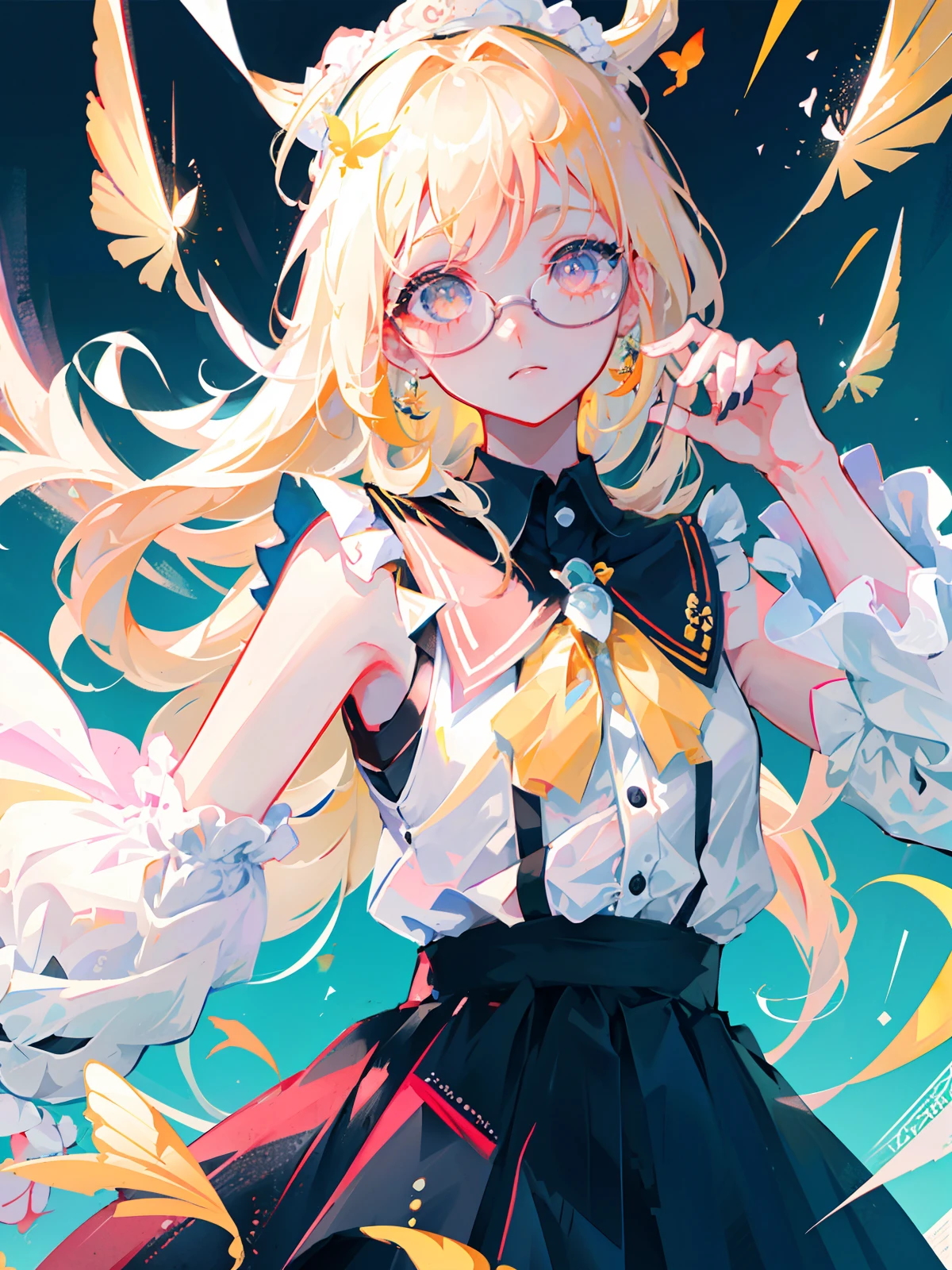 Best Quality, Super High Resolution, (Fidelity: 1.4), 1 Female, Sleeveless White Button Shirt, Black Skirt, Black Collar, ((Girl Wears Glasses)), (Kpop idol), (aegyo sal : 1), (platinum blonde: 1), ((puffy eyes)), looking at viewer, full body, flowers, butterflies, colorful
