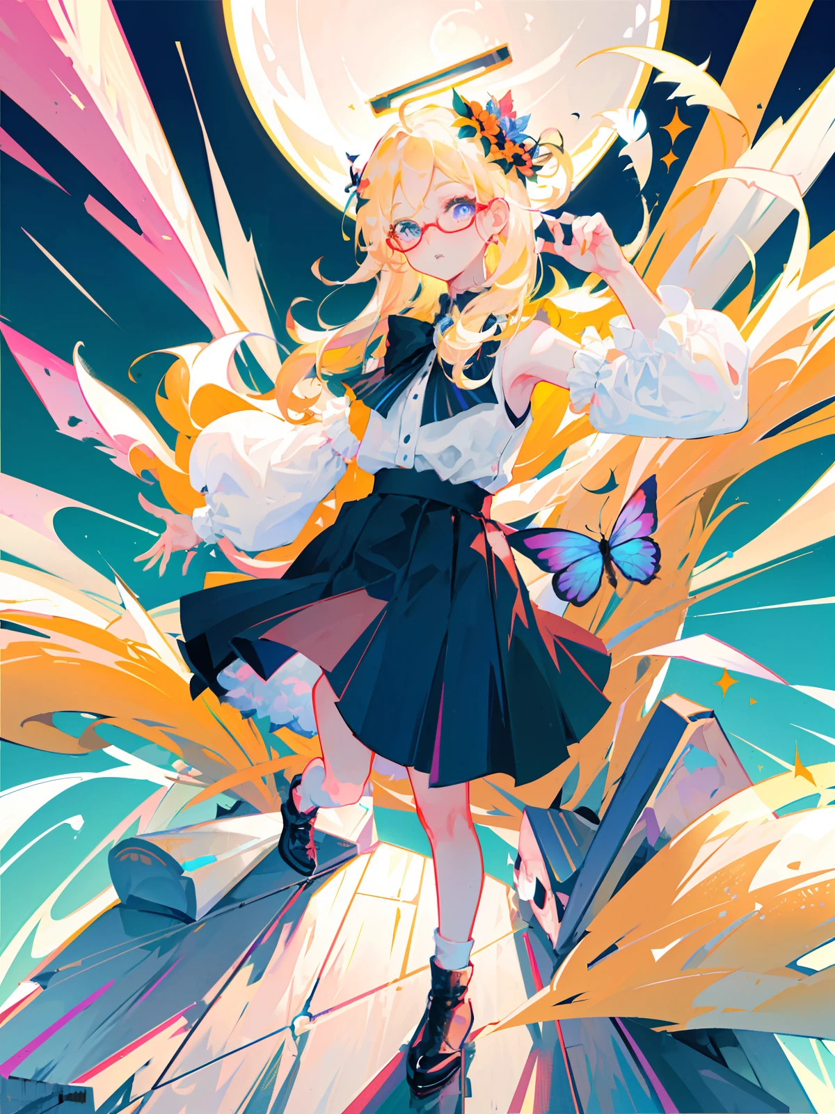 Best Quality, Super High Resolution, (Fidelity: 1.4), 1 Female, Sleeveless White Button Shirt, Black Skirt, Black Collar, ((Girl Wears Glasses)), (Kpop idol), (aegyo sal : 1), (platinum blonde: 1), ((puffy eyes)), looking at viewer, full body, flowers, butterflies, colorful