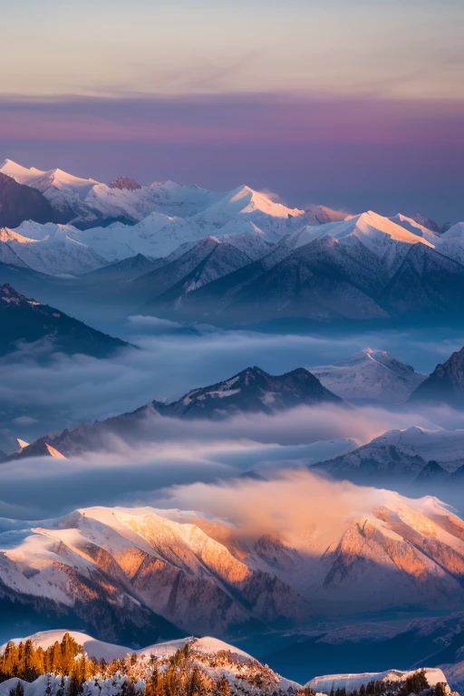sunset, snow, mountains, clouds