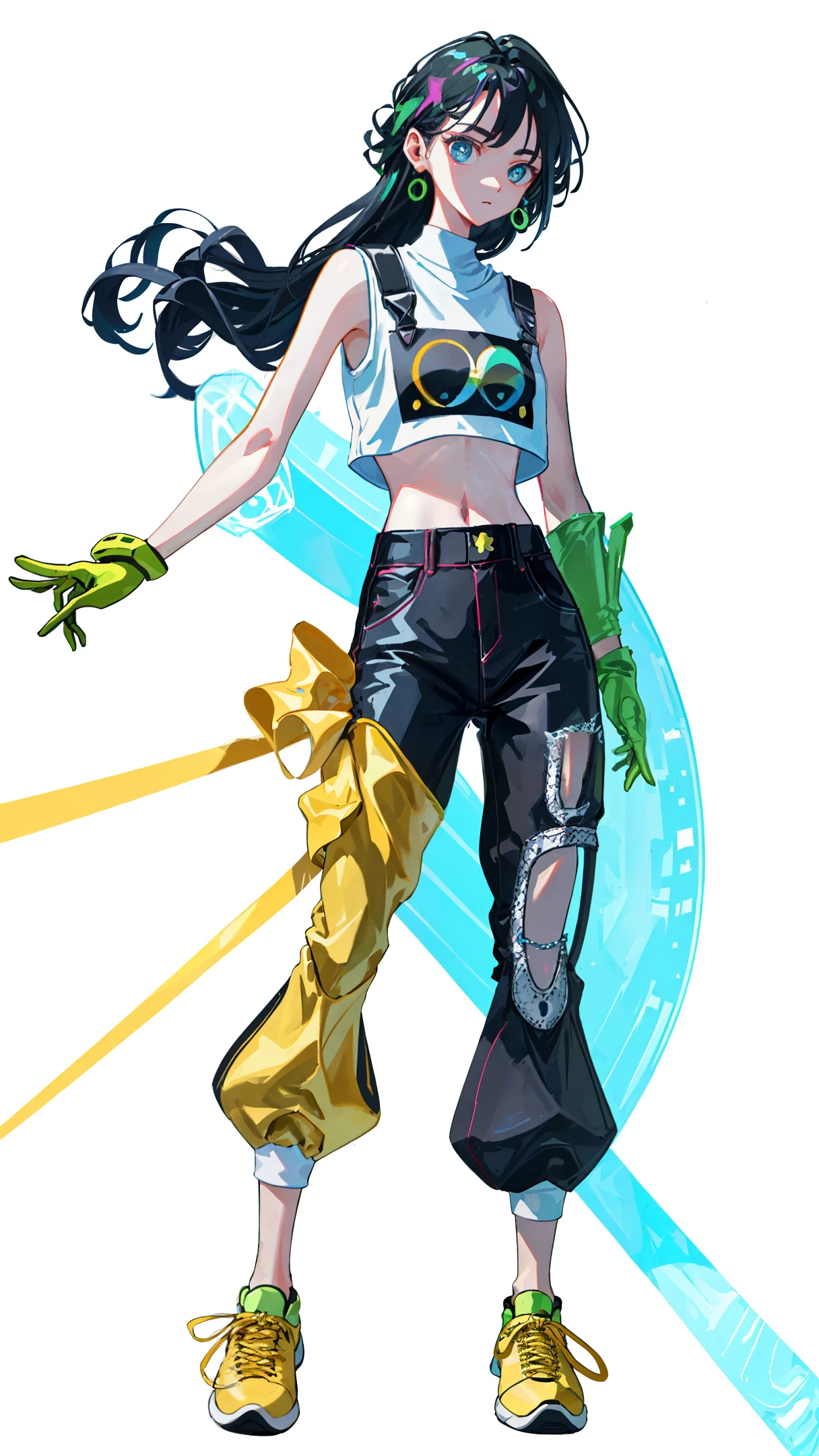 1girl, full body, long hair, hair reaching the ground, middle chest, mittens, crop top, overalls, dark lights, bare arms, (shoulder: 1.9), long hair, pure white background, croptop, Kpop Idol, short sleeves T - shirt, hip hop pants, colorful, 1 female colored PVC vest ((movie jamming)), full body, wearing sneakers, beautiful eyes, glitter, accessories, portrait, original game drawing, c4d, blender, pretty face, Black bottom, 1 piece of women's clothing ((color laser transparent PVC material)) coat shoes, film interference, full body, beautiful eyes, accessories, portrait, game art, character concept design, beauty, white bottom, masterpiece, Top Quality, High quality, High Resolution {Beautiful Detail Eyes: 1.4}, (Super Fine Detail), (Extremely Delicate Beauty: 1.2), (Delicately Beautiful Cute Face: 1.3), Glowing Eyes,
