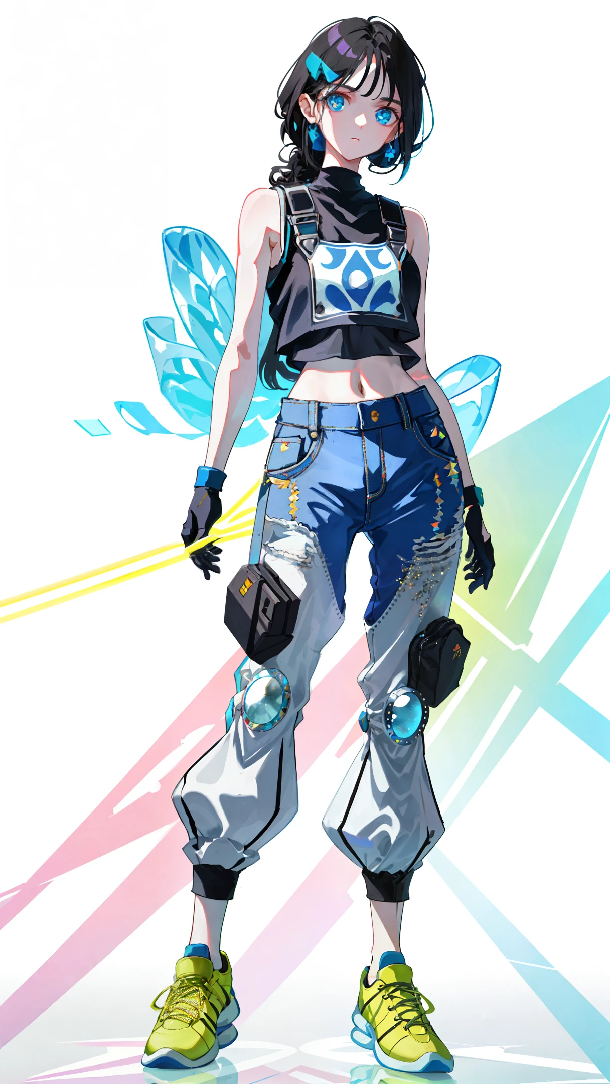 1girl, full body, long hair, hair reaching the ground, middle chest, mittens, crop top, overalls, dark lights, bare arms, (shoulder: 1.9), long hair, pure white background, croptop, Kpop Idol, short sleeves T - shirt, hip hop pants, colorful, 1 female colored PVC vest ((movie jamming)), full body, wearing sneakers, beautiful eyes, glitter, accessories, portrait, original game drawing, c4d, blender, pretty face, Black bottom, 1 piece of women&#39;s clothing ((color laser transparent PVC material)) coat shoes, film interference, full body, beautiful eyes, accessories, portrait, game art, character concept design, beauty, white bottom, masterpiece, Top Quality, High quality, High Resolution {Beautiful Detail Eyes: 1.4}, (Super Fine Detail), (Extremely Delicate Beauty: 1.2), (Delicately Beautiful Cute Face: 1.3), Glowing Eyes,