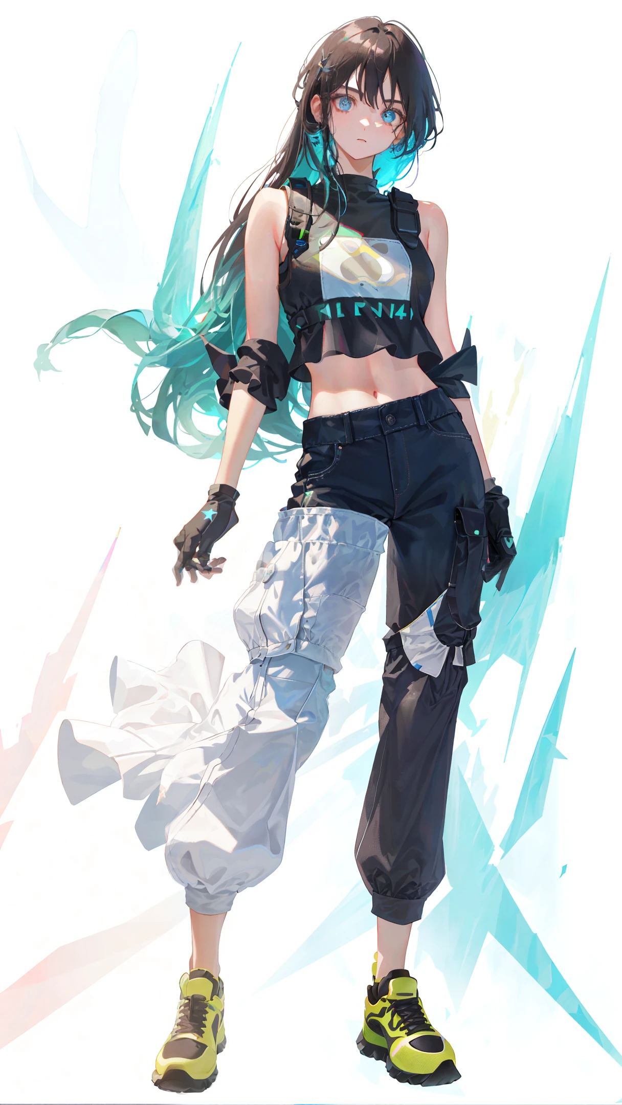 1girl, full body, long hair, hair reaching the ground, middle chest, mittens, crop top, overalls, dark lights, bare arms, (shoulder: 1.9), long hair, pure white background, croptop, Kpop Idol, short sleeves T - shirt, hip hop pants, colorful, 1 women&#39;s colored PVC vest ((movie jamming)), full body, wearing sneakers, beautiful eyes, glitter, accessories, portrait, artwork, c4d, blender, pretty face , black bottom, 1 piece of women&#39;s clothing ((color laser transparent PVC material)) coat shoes, film interference, full body, beautiful eyes, accessories, portraits, game art, character concept design, beauty, white bottom, masterpiece, Top Quality, High quality , high resolution {beautiful detail eyes: 1.4}, (super fine detail), (extremely fine detail beauty: 1.2), (delicate beauty cute face: 1.3), glowing eyes,