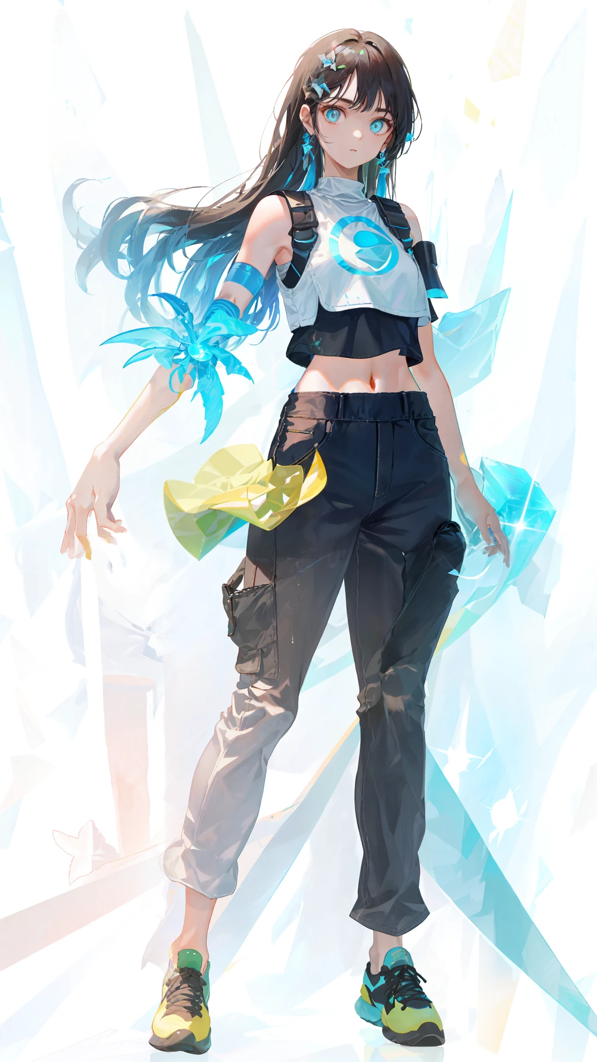 1girl, full body, long hair, hair reaching the ground, middle chest, mittens, crop top, overalls, dark lights, bare arms, (shoulder: 1.9), long hair, pure white background, croptop, Kpop Idol, short sleeves T - shirt, hip hop pants, colorful, 1 women's colored PVC vest ((movie jamming)), full body, wearing sneakers, beautiful eyes, glitter, accessories, portrait, artwork, c4d, blender, pretty face , black bottom, 1 piece of women's clothing ((color laser transparent PVC material)) coat shoes, film interference, full body, beautiful eyes, accessories, portraits, game art, character concept design, beauty, white bottom, masterpiece, Top Quality, High quality , high resolution {beautiful detail eyes: 1.4}, (super fine detail), (extremely fine detail beauty: 1.2), (delicate beauty cute face: 1.3), glowing eyes,