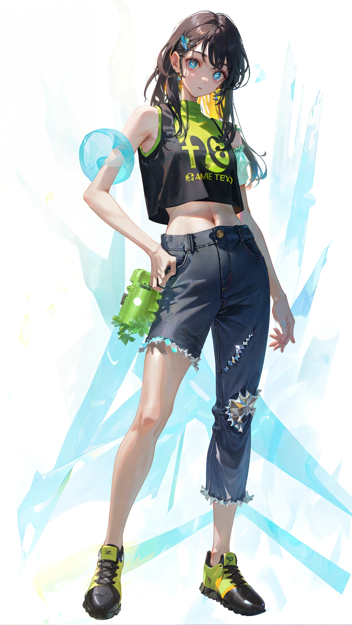 1girl, full body, long hair, hair reaching the ground, middle chest, mittens, crop top, overalls, dark lights, bare arms, (shoulder: 1.9), long hair, pure white background, croptop, Kpop Idol, short sleeves T - shirt, hip hop pants, colorful, 1 women's colored PVC vest ((movie jamming)), full body, wearing sneakers, beautiful eyes, glitter, accessories, portrait, artwork, c4d, blender, pretty face , black bottom, 1 piece of women's clothing ((color laser transparent PVC material)) coat shoes, film interference, full body, beautiful eyes, accessories, portraits, game art, character concept design, beauty, white bottom, masterpiece, Top Quality, High quality , high resolution {beautiful detail eyes: 1.4}, (super fine detail), (extremely fine detail beauty: 1.2), (delicate beauty cute face: 1.3), glowing eyes,