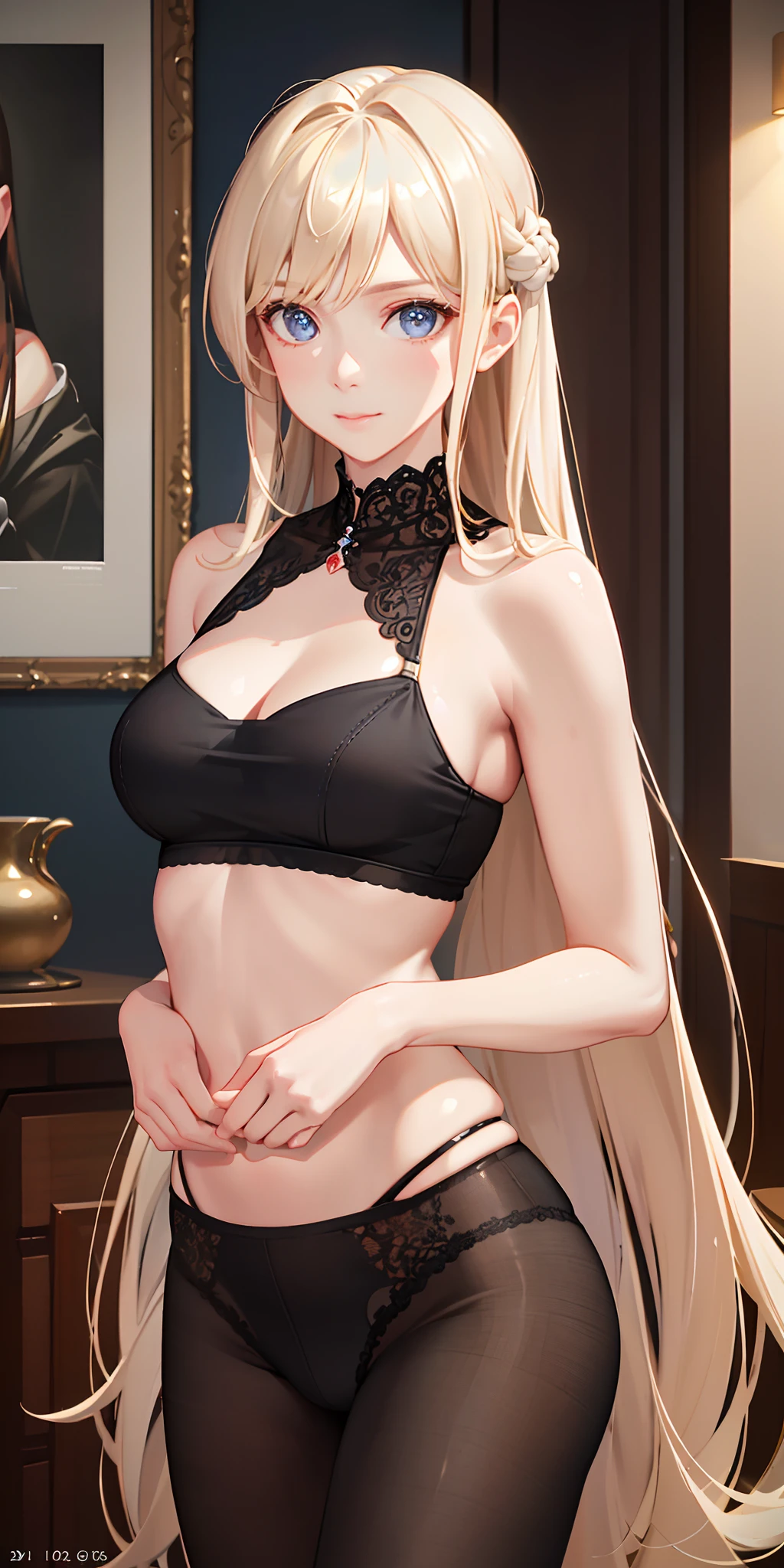(realistic: 1.4), (masterpiece, sidelighting, finely detailed beautiful eyes: 1.2), masterpiece*portrait, realistic, 3d face, glowing eyes, shiny hair, loss skin, solo, embarrassed, (midriff), black underwear, blonde hair ,