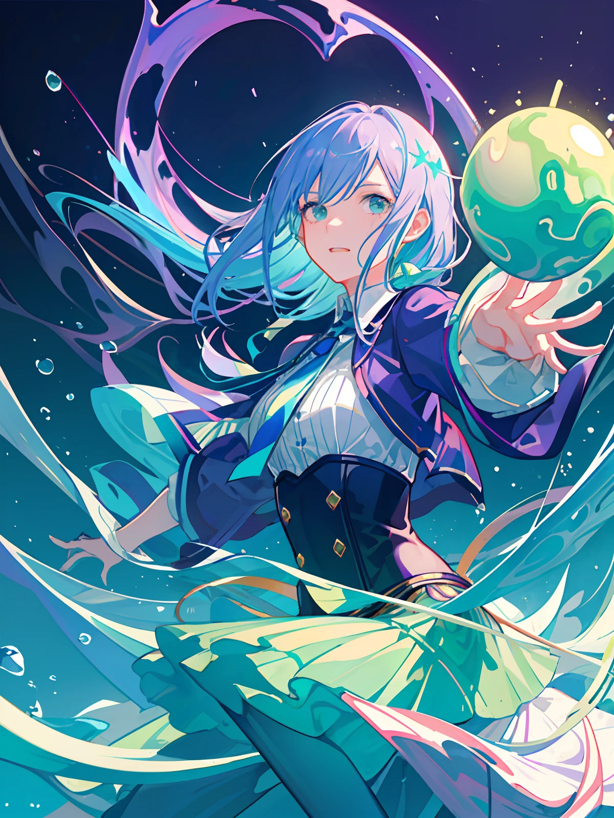 Girl swims underwater, in the style of Otomo Katsuhit, in a realistic hyper detailed render style, (((glow, green, purple, blue))), brushes, hyper-realistic oil, head close-up, exaggerated perspective, ting Del effect, water drop notherofpearl iridescent, holographic white, realistic- -ar 3:4 --niji 5 --expressive style