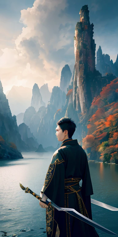 Masterpiece, best quality, high quality, extremely detailed CG unity 8k wallpaper, landscape, outdoor, sky, clouds, sky, no humans, mountain, landscape, water, tree, blue sky, waterfall, cliff, nature, lake, river , cloudy sky, award winning photography, bokeh, depth of field, HDR, bloom, chromatic aberration, photorealism, very detailed, trending on artstation, trending on CGsociety, intricate, high detail, dramatic, Chinese art, chivalrous, man, take this sword, black robe