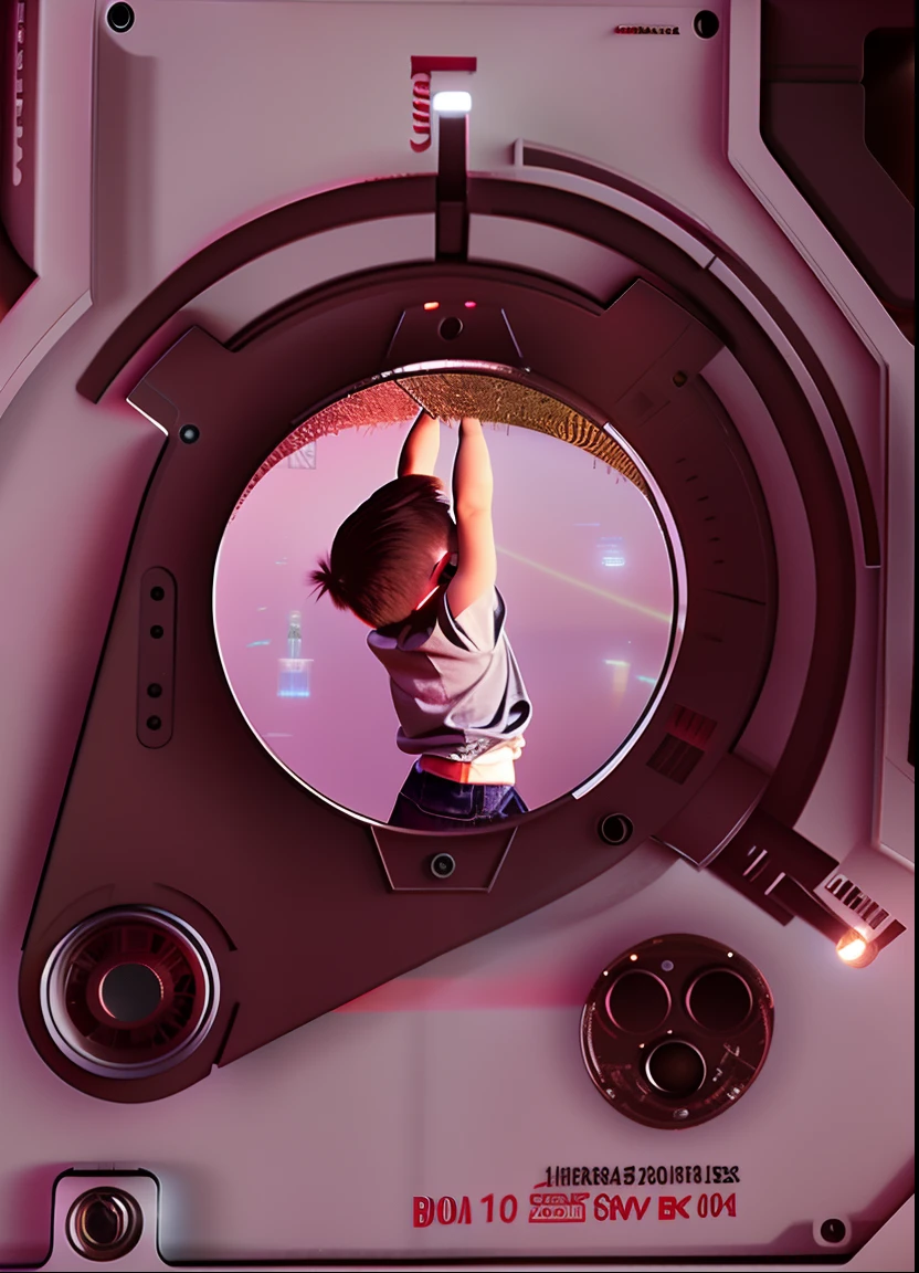 A huge camera lens is filming the back view of a young boy with raised hands, grass above his head, laser flares on the camera lens, cyberpunk style background, digital painting, airbrush painting, intricate, 8k, highly professional detail, (inverted text), HDR, CGSociety;