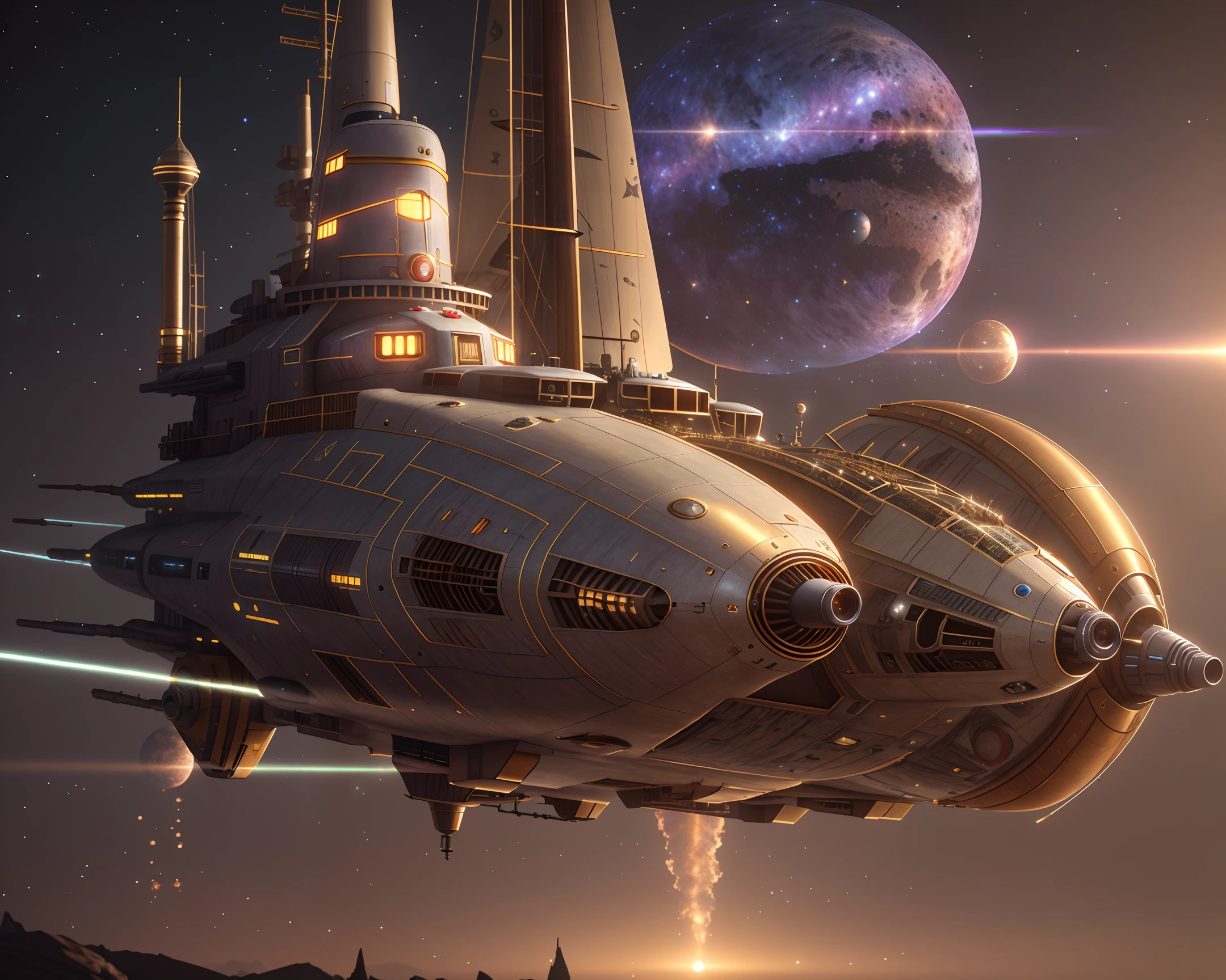 Masterpiece, realism 1.4, 8k CG, steampunk space battleship, best picture quality, best shadow, RTX, ray tracing, star, best lighting，ultra details, galaxy, nebula, beautiful picture，