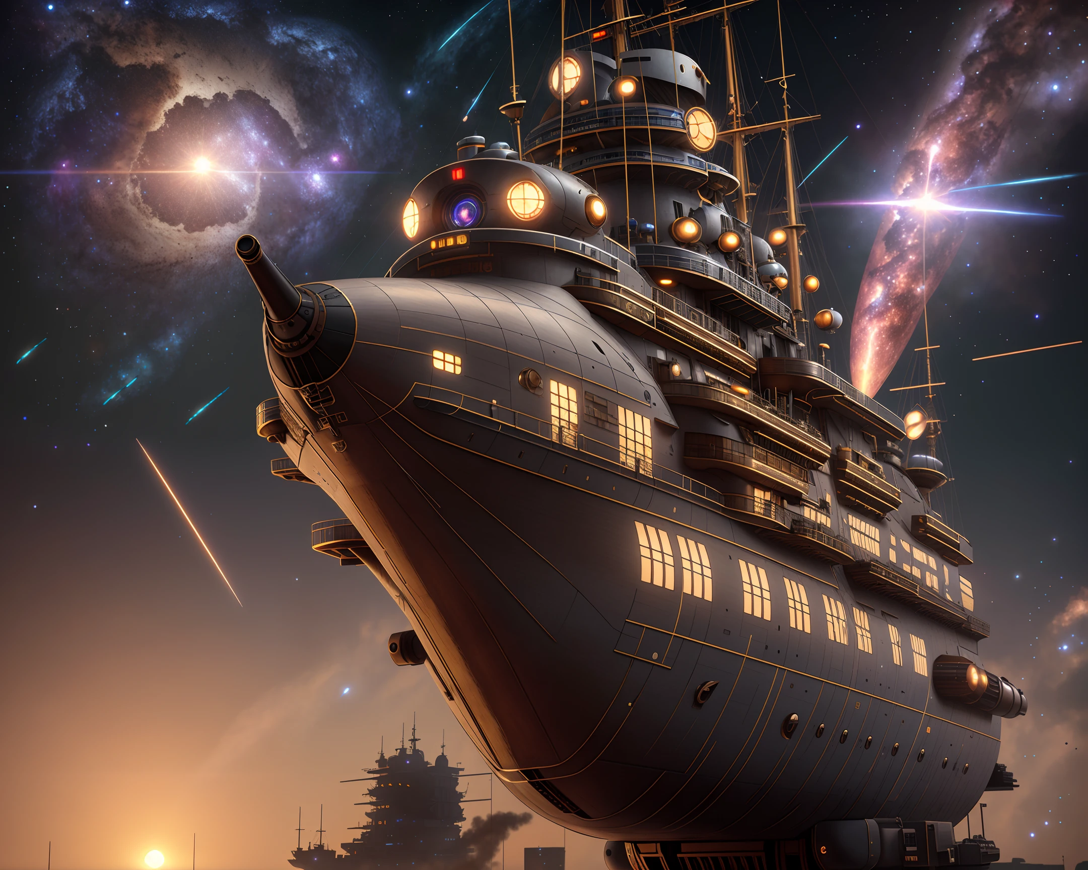 Masterpiece, realism 1.4, 8k CG, steampunk space battleship, best picture quality, best shadow, RTX, ray tracing, star, best lighting，ultra details, galaxy, nebula, beautiful picture，