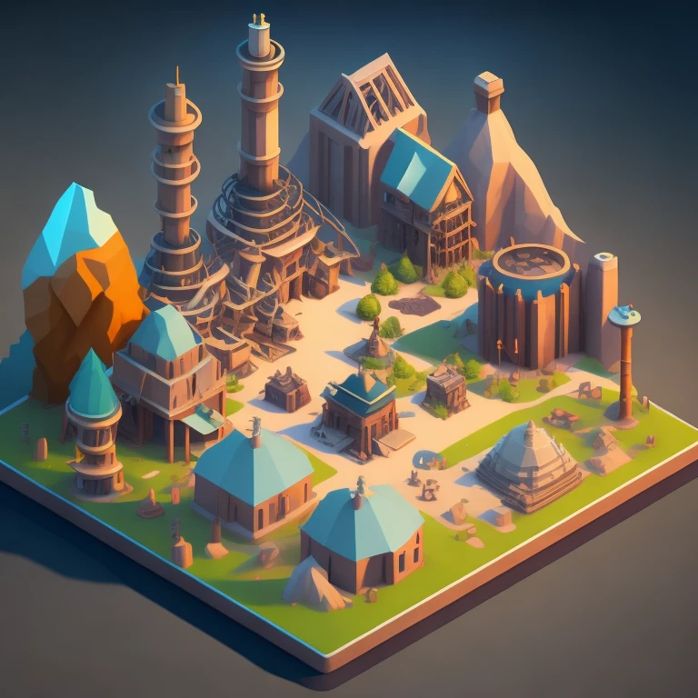 An epic RPG-style scene with an isometric view showcasing a cartoonish world filled with DnD elements, factory themes, ((steam),(industry), (concrete and steel), as if ripped straight out of a beloved RPG, mobile game or fantasy novel. ultra details, best quality, best lighten,