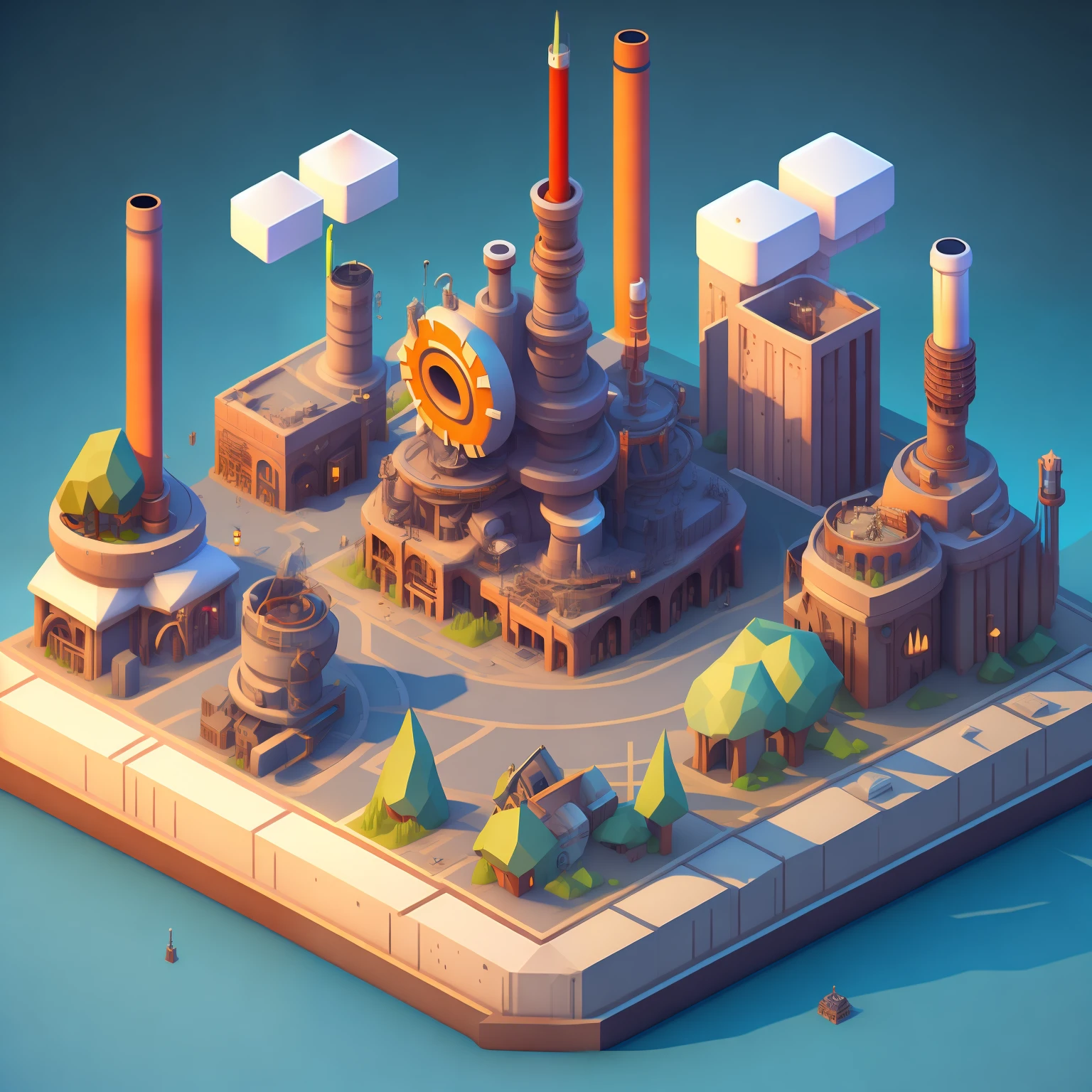 An epic RPG-style scene with an isometric view showcasing a cartoonish world filled with industry and steam elements, factory themes, ((steam),(industry), (concrete and steel), as if ripped straight out of a beloved RPG, mobile game or fantasy novel. ultra details, best quality, best shadow, 4k,