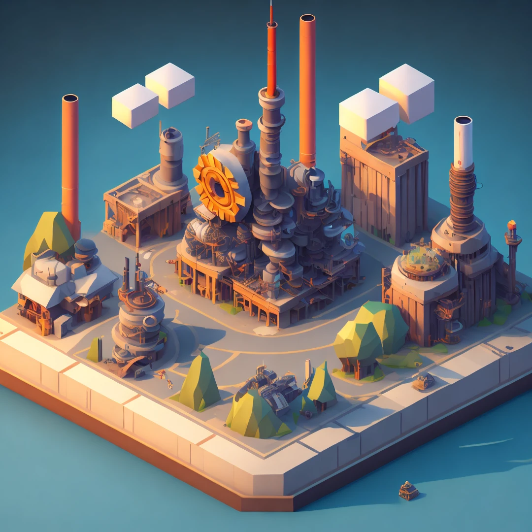 Masterpiece, 8kcg wallpaper, an epic RPG style scene with isometric view showing a cartoon world full of industrial and steam elements, factory theme, ((steam), (industrial), (concrete and steel), mobile Games or fantasy novels. Ultra detail, best quality, best shadows, smoke, exhaust