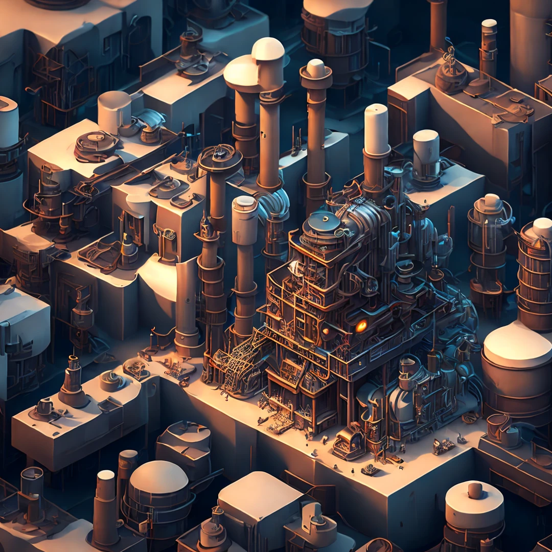 Masterpiece, 8k cg wallpaper, (Epic RPG style scene, isometric view shows a cartoon world full of industrial and steam elements), huge gears, factory theme, ((steam), (industrial), (concrete and steel ), mobile games or fantasy novels. Super detailed, best quality, best shadows, exhausting smoke,