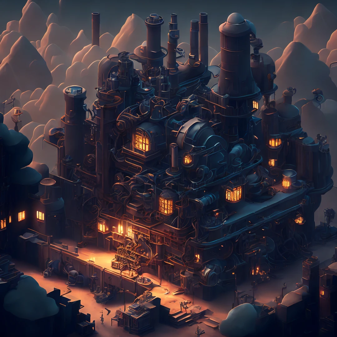 Masterpiece, 8k cg wallpaper, (Epic RPG style scene, isometric view shows a cartoon world full of industrial and steam elements), huge gears, factory theme, ((steam), (industrial), (concrete and steel ), mobile games or fantasy novels. Super detail, best quality, best shadows, exhausting smoke, best lighting,