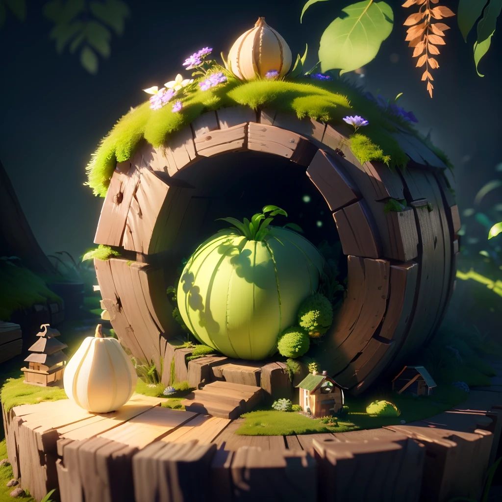 Masterpiece, best quality, (very detailed CG unity 8k wallpaper), (best quality), (best illustration), (best shadows), round turnip hut covered with moss, isometric 3D , octane rendering, ray tracing, highly detailed