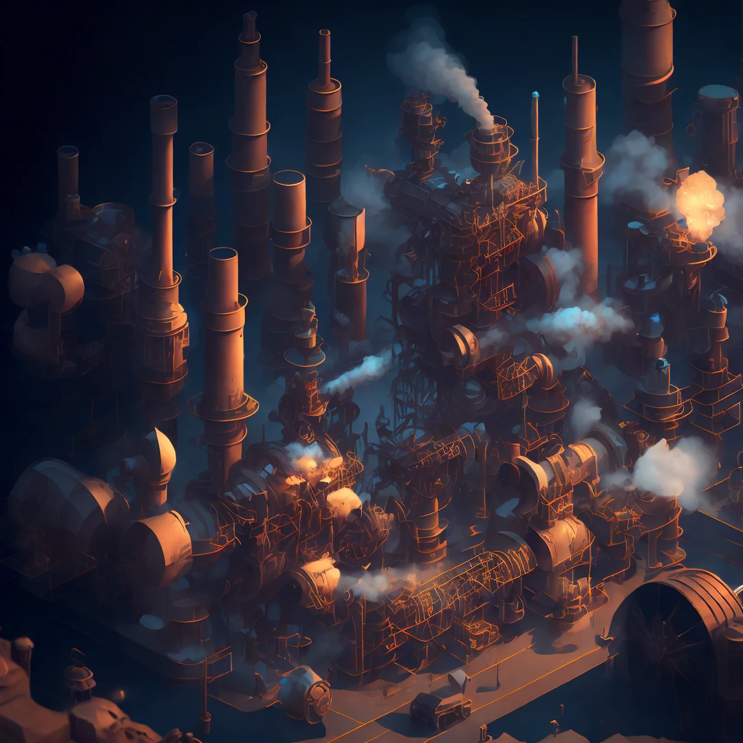 Masterpiece, 8k cg wallpaper, epic RPG style scene, isometric view showing cartoon world full of industrial and steam elements, huge gears, factory theme, ((steam), (industrial), (concrete and steel), mobile game or fantasy Fiction. Super detail, best quality, best shadows, choking smoke, best lighting
