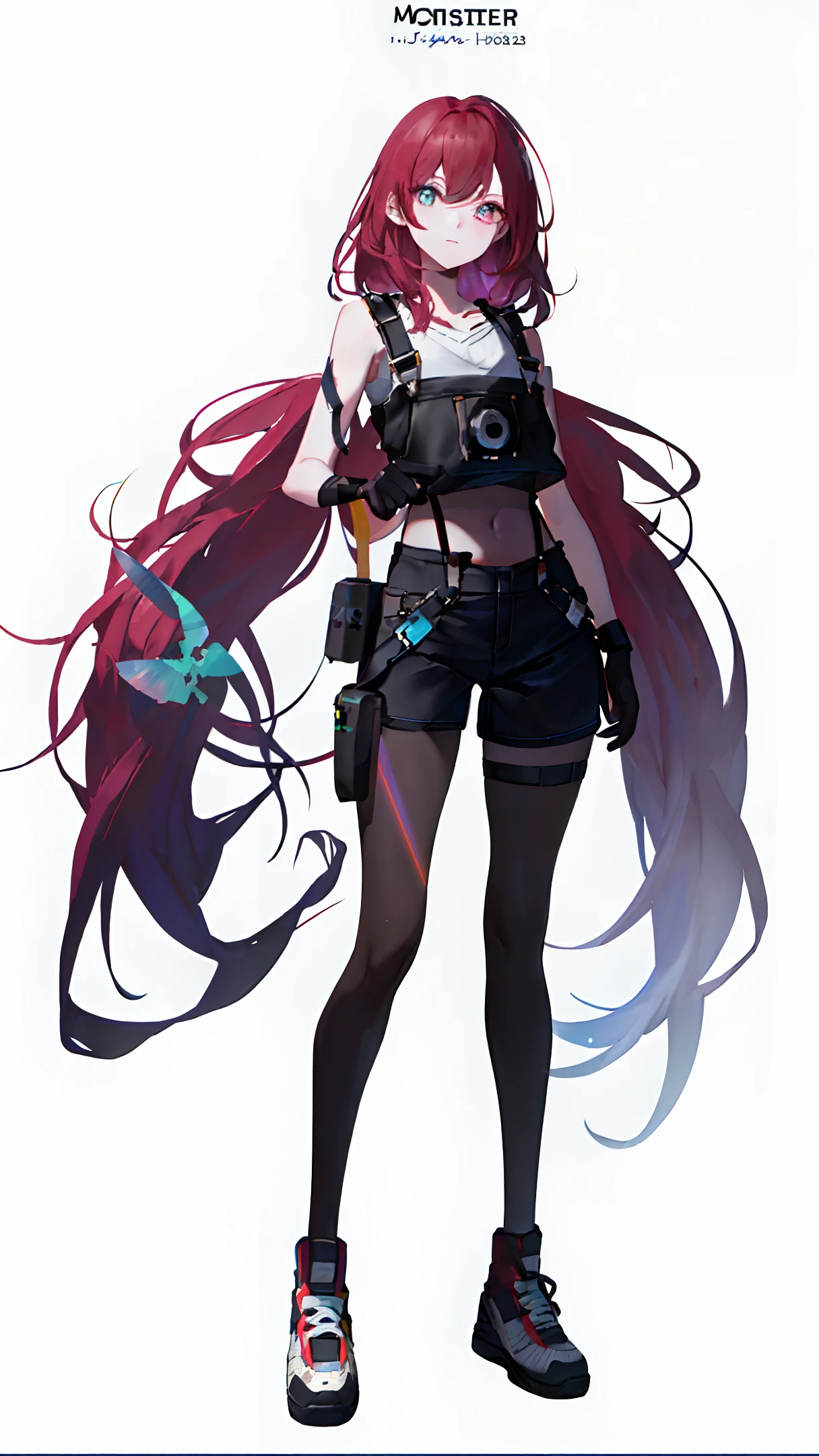 ((Masterpiece, Best)),((Mature)),(middle chest), curvy, thick thighs, wide hips, thin waist, belly button, thigh suspenders, 1girl, full body, long hair, hair reaching the floor, middle chest, Gloves, crop top, overalls, dark light, bare arms, (shoulder: 1.9), long hair, pure white background, croptop, Kpop Idol, short-sleeved T-shirt, hip-hop pants, colorful, 1 PVC vest ((movie interference) )), full body, wearing sneakers, beautiful eyes, glitter, accessories, portrait, original game image, c4d, blender, pretty face, black bottom, 1 piece of women&#39;s clothing ((color laser transparent PVC material)), film interference, full body , beautiful eyes, accessories, portraits, game art, character concept design, beauty, white background, masterpiece, top quality, high quality, high resolution {color contact details: 1.4}, (extremely refined aesthetics: 1.2 ), ( Exquisite beautiful lovely face: 1.3), glowing eyes,