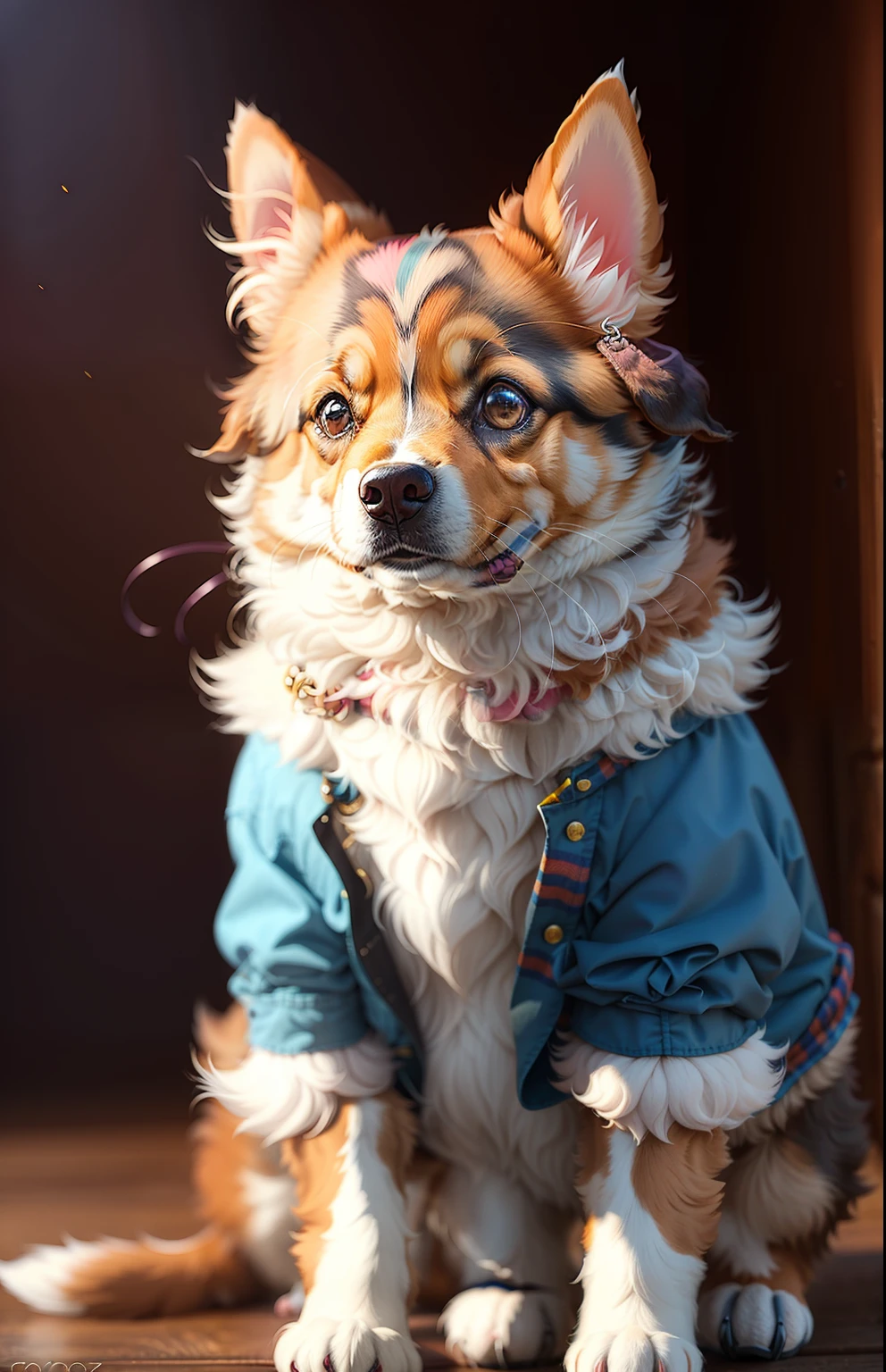 ((a dog in clothes)),, corgi, full shot, fluffy hair, anthropomorphic expression, beautiful rich colors, amazing details, high quality, a pair of ears