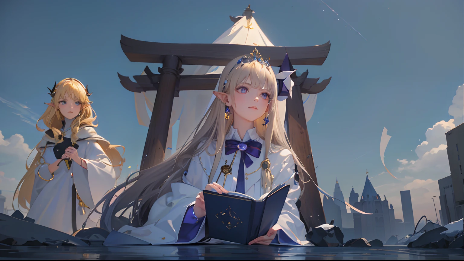 (realistic: 1.4), (masterpiece, sidelighting, finely detailed beautiful eyes: 1.2), masterpiece*portrait, realistic, 3d face,blonde_hair,purple_eyes,long_hair,pointy_ears,wand,magic_circle,magic_academy,starry_sky,earrings, jewelry, key_necklace , diamond tiara, magic robe, white cloak, flying book