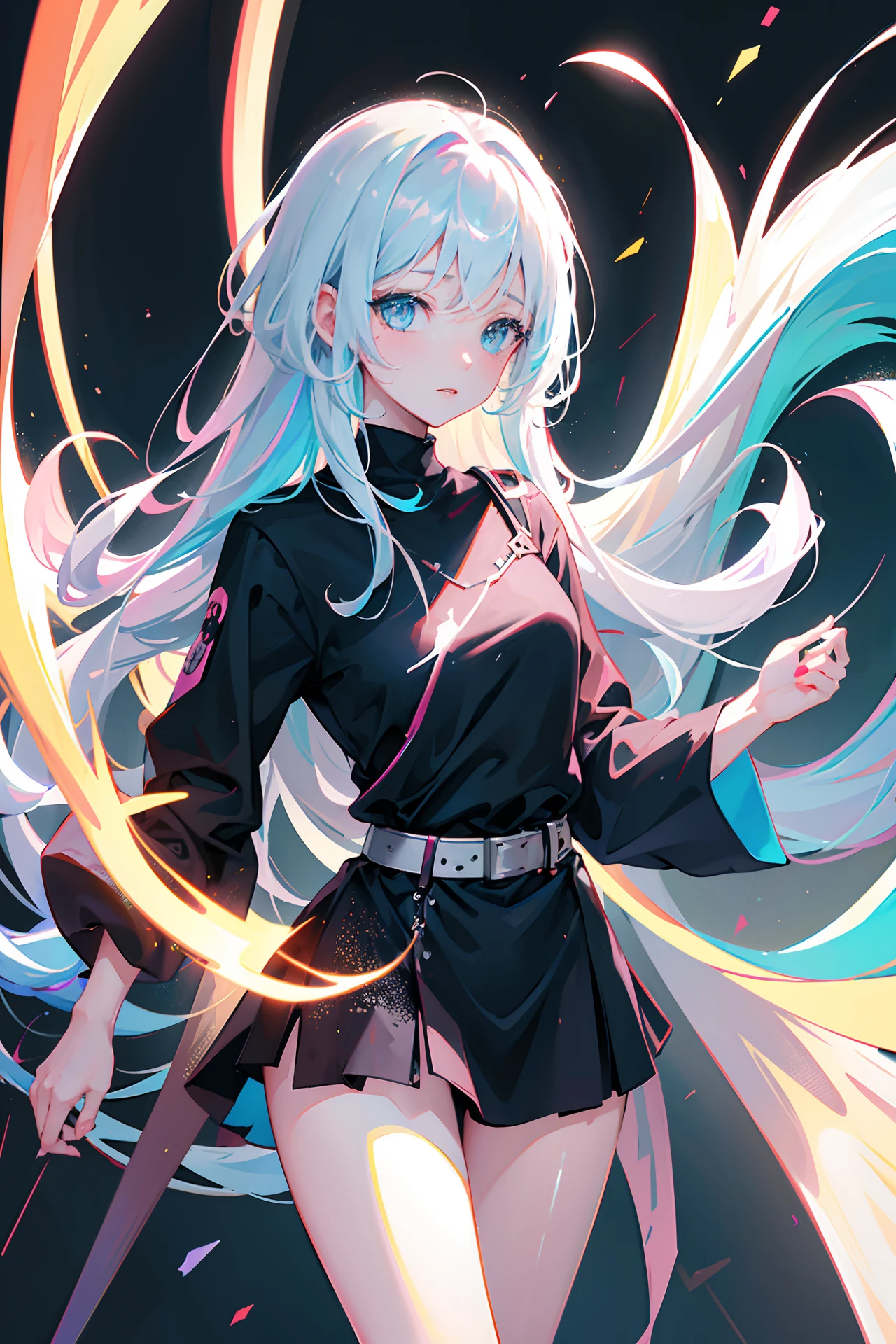 Girl, anime waifu, looking at viewer, highlydetailed, reflections transparent iridescent colors, long transparent iridescent RGB hair, artby Serafleur from artstation, thick acrylic，illustration on pixiv, waist up portrait, gorgeoussacred girl, best quality, ultra detailed,sad,clever,beautiful face , beautiful lighton black background, Character stvle renderedby Octane,