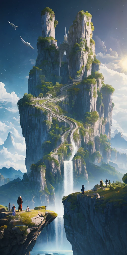 Tongtian Tower, stones are piled up, there is a circular road, surrounded by green plants, people are building around