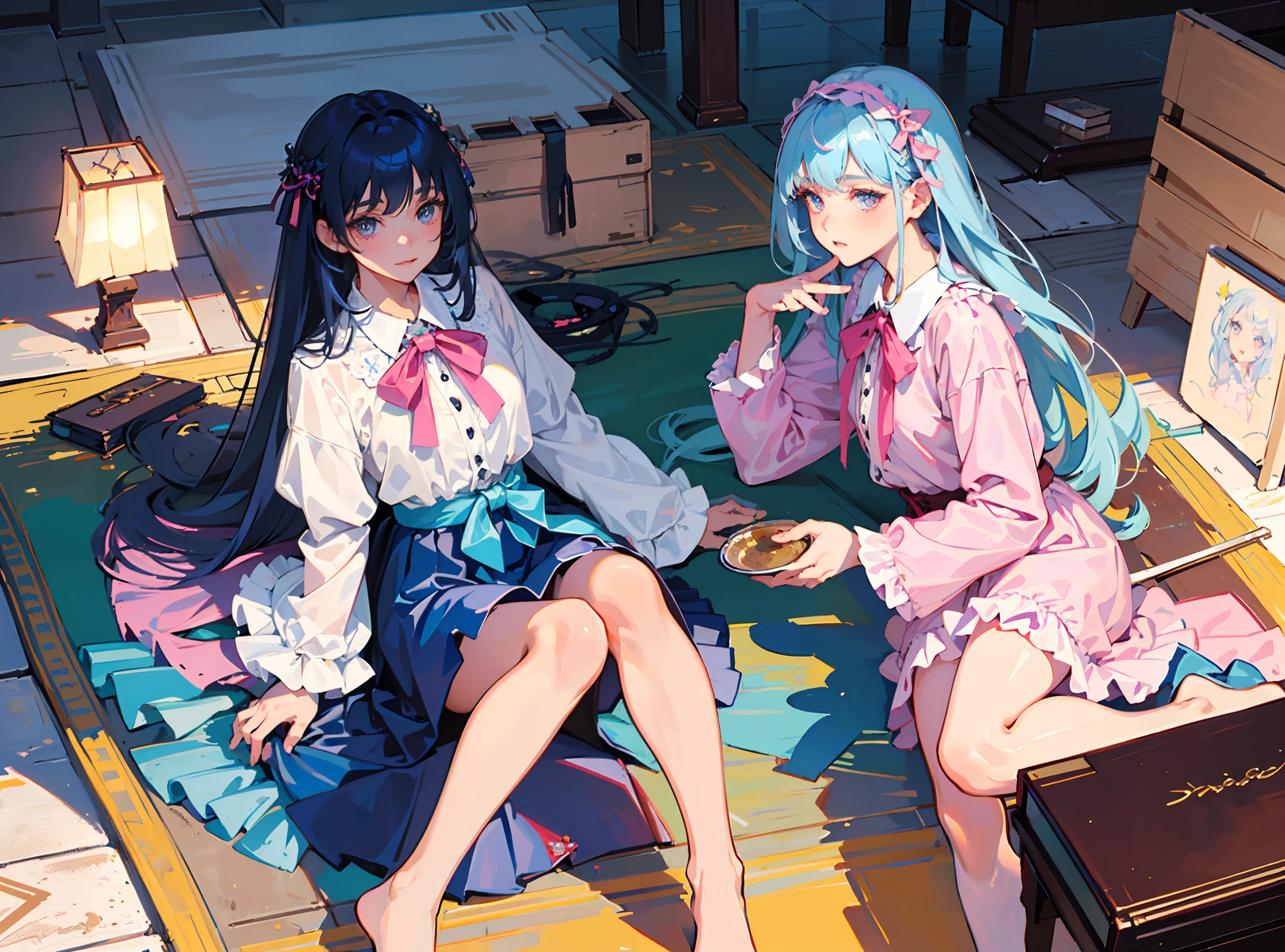 (detailed beautiful eyes and detailed face, masterpiece side light, masterpiece, best quality, detailed, high resolution illustration), (1 girl, full body, beautiful girl, shiny skin, looking down, looking at the viewer), ( Sky blue hair, pink eyes, skirt, ribbon, button-down shirt)