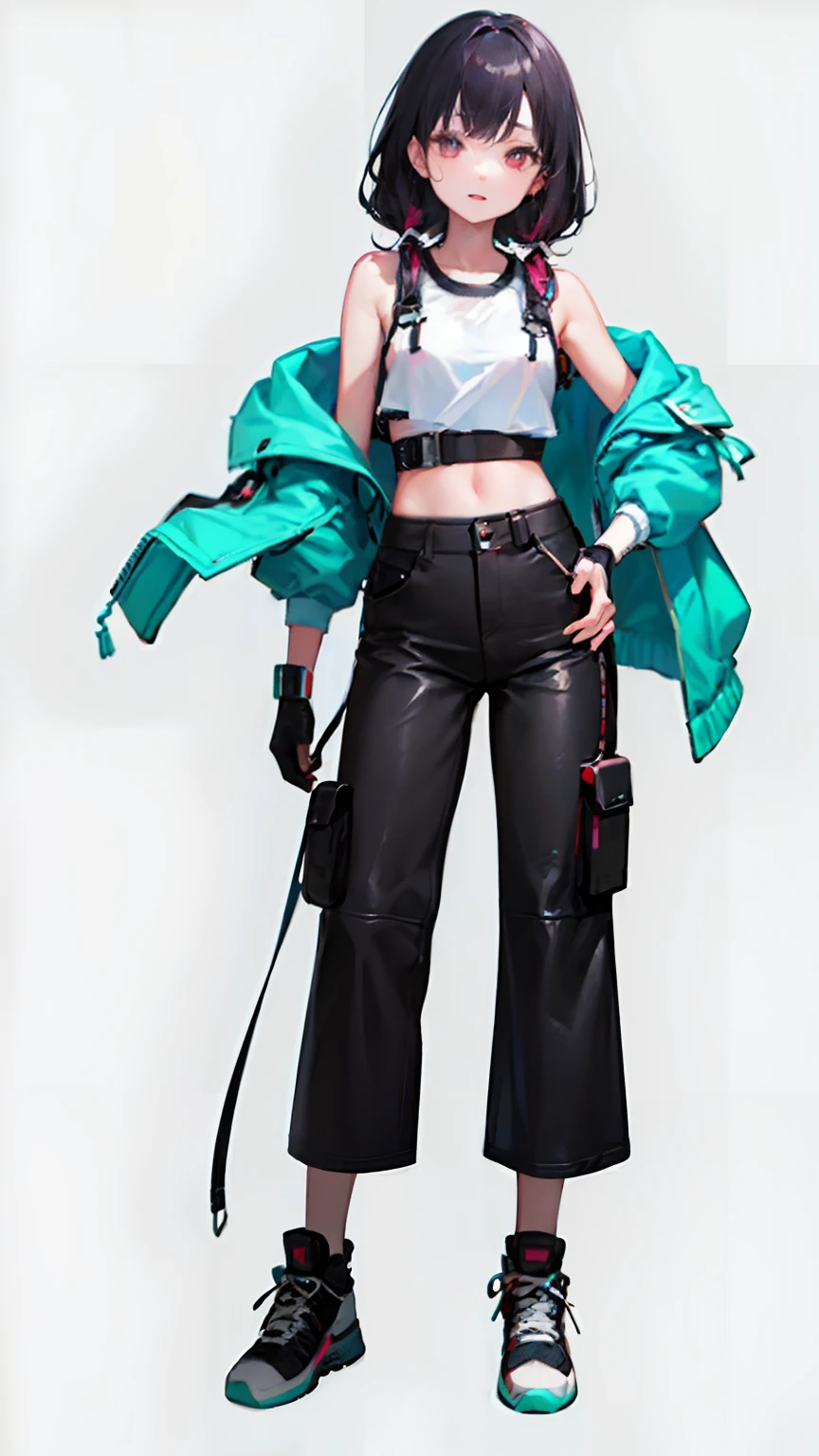 ((High Quality)), ((Masterpiece)), 8k, 1girl, full body, long hair, hair reaching the floor, mid chest, gloves, crop top, overalls, pants, bare arms, (shoulder: 1.9) ,long hair , plain white background, croptop, Kpop Idol, short-sleeved T-shirt, hip-hop pants, colorful, 1 piece of women&#39;s colorful PVC tank top ((movie jamming)), full body, wearing sneakers, beautiful eyes, glitter, accessories, portrait, art Product, c4d, blender, pretty face, black bottom, 1 piece of women&#39;s clothing ((color laser transparent PVC material)) coat shoes, film interference, full body, beautiful eyes, accessories, portrait, game art, character concept design, beauty, white bottom , Masterpiece, Top Quality, High quality , high resolution {beautiful detail eyes: 1.4}, (super fine detail), (extremely fine detail beauty: 1.2), (delicate beauty cute face: 1.3), glowing eyes,