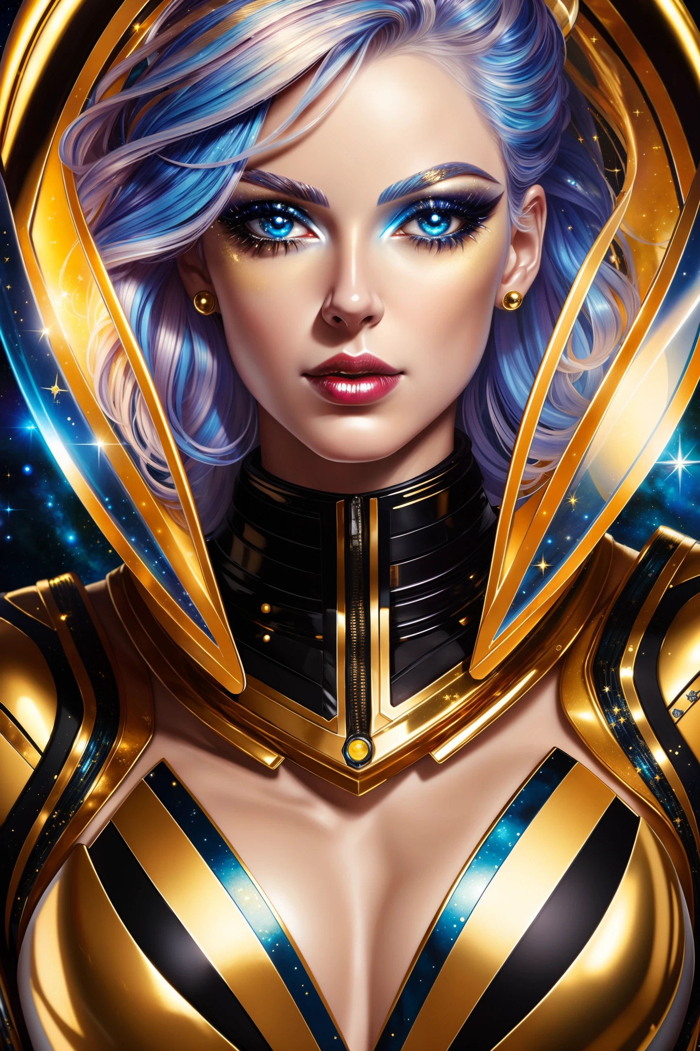 (masterpiece:1.5), (best quality:1.2), perfect eyes, perfect face, perfect lighting, 1 astronaut girl, mature women wearing sexy_scifi, colorful hair, (transparent tight black and gold) spacesuit, Cleavage, silver, blue, thick eyelashes, makeup, shiny lipstick, eyeshadow, facial details, sci-fi, detail space background