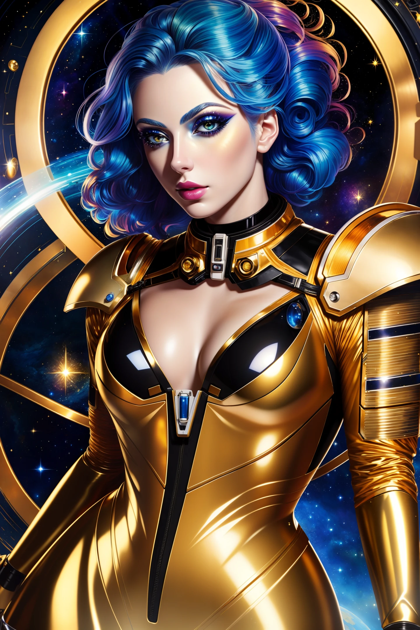 (masterpiece:1.5), (best quality:1.2), perfect eyes, perfect face, perfect lighting, 1 astronaut girl, mature women wearing sexy_scifi, colorful hair, (transparent tight black and gold) spacesuit, Cleavage, silver, blue, thick eyelashes, makeup, shiny lipstick, eyeshadow, facial details, sci-fi, detail space background