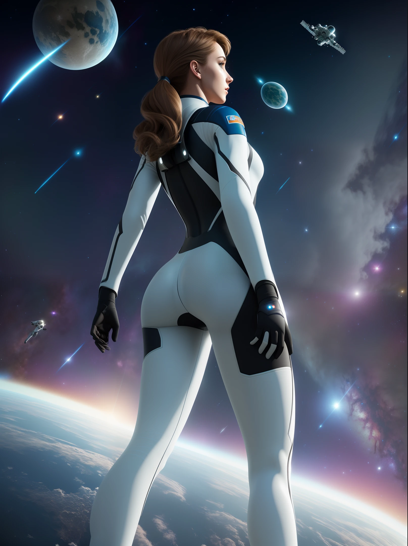 Masterpiece, super fine CG unity 8k wallpaper, ((comic)), (an astronaut girl ), solo, (looking back), perfect buttocks, ((curves)), beautiful stars, ambient occlusion, specular reflection, times surface reflections, optimal lighting, optimal shadows, ultra detailed, (transparent bodysuit), full body, weightlessness, ray tracing,