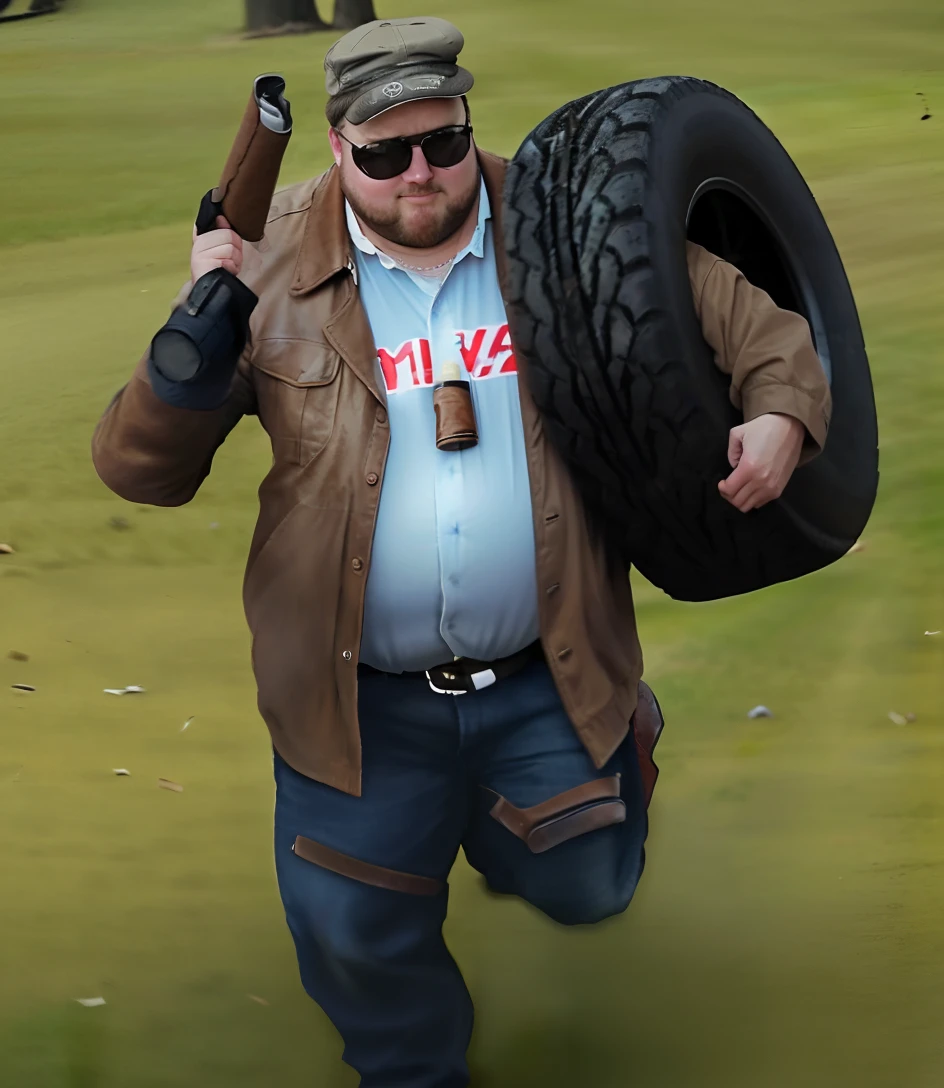 a close up of a person holding a tire on shoulder and a gun in hand, fat guy, heavy looking, smoking cigar, brown leather jacket, white shirt, brown peaked cap, running towards you