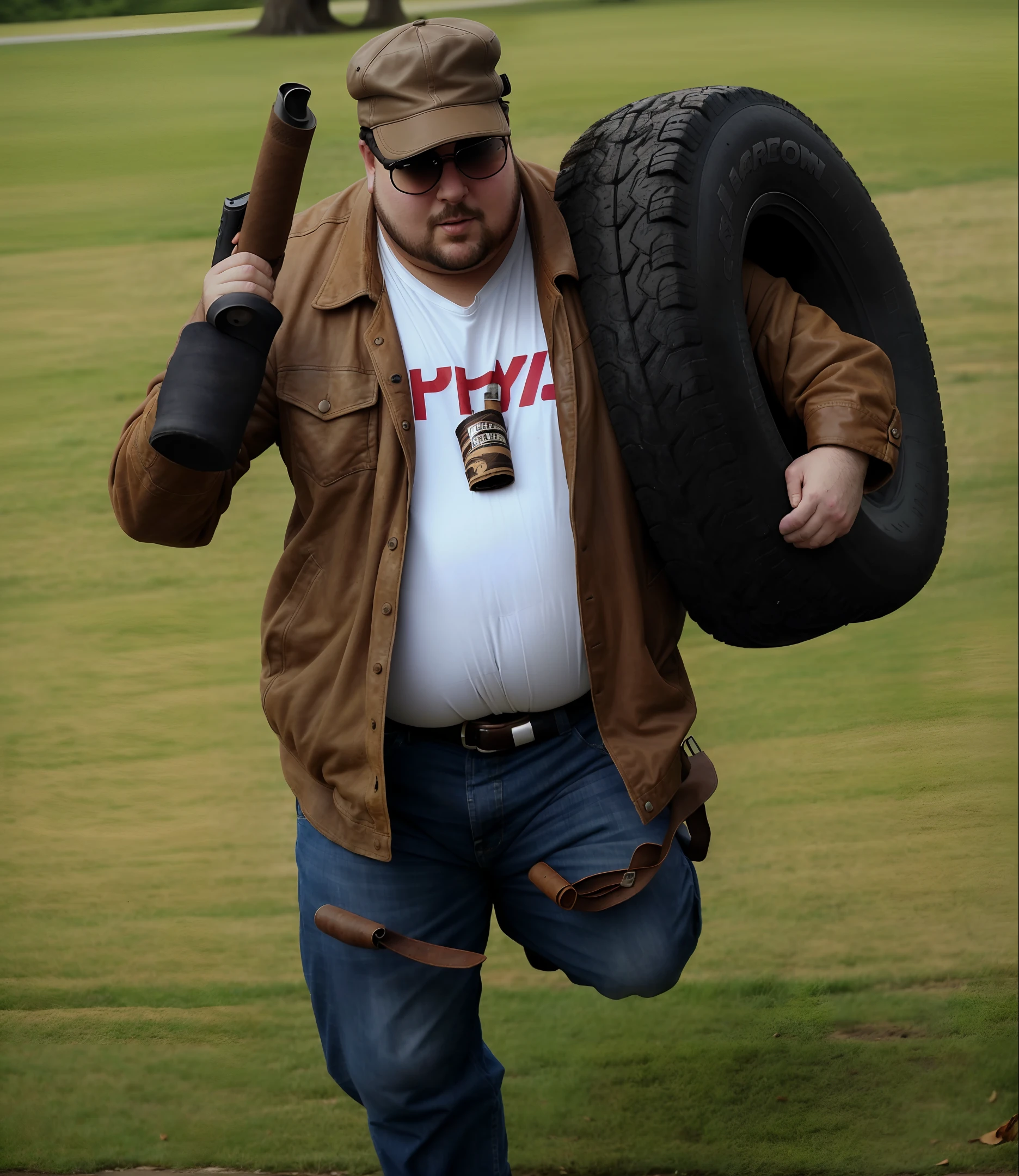 a close up of a person holding a tire on shoulder and a gun in hand, fat guy, heavy looking, smoking cigar, brown leather jacket, white shirt, brown peaked cap, running towards you