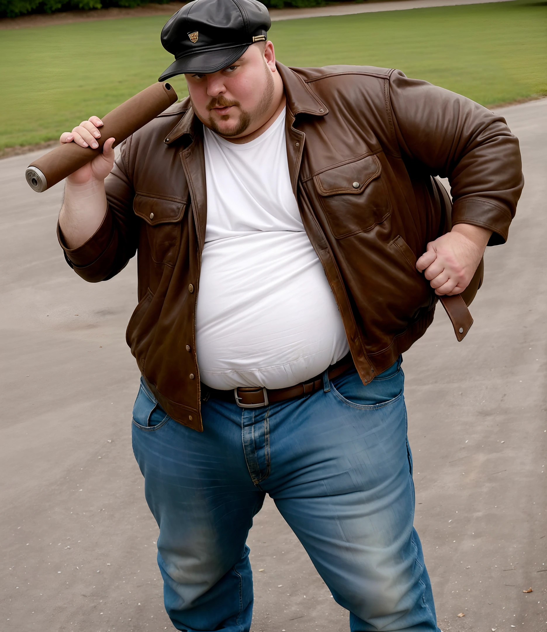 a close up of a person holding a tire on shoulder and a gun in hand, fat guy, heavy looking, cigar in mouth, brown leather jacket, white shirt, brown peaked cap, running towards you