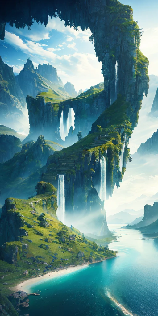 Masterpiece, best quality, high quality, extremely detailed CG unity 8k wallpaper, landscape, outdoor, sky, clouds, sky, no humans, mountain, landscape, water, tree, blue sky, waterfall, cliff, nature, lake, river , cloudy skies, award winning photography, bokeh, depth of field, HDR, bloom, chromatic aberration, photorealism, very detailed, trending on artstation, trending on CGsociety, intricate, high detail, dramatic, half way art