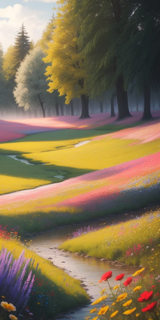 A sunny meadow full of wildflowers of every color surrounded by lush tall pink trees with new leaves and a breeze. In the distance, there is a stream flowing, masterpiece, best quality, high quality, extremely detailed CG unity 8k wallpaper, oil painting, award winning photography, bokeh, depth of field, HDR, bloom, chromatic aberration, realistic, very detailed, artstation Trending on CGsociety, trending on CGsociety, intricate, high detail, dramatic, midjourney art