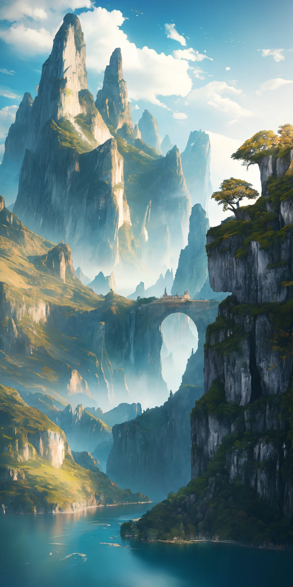 Masterpiece, best quality, high quality, extremely detailed CG unity 8k wallpaper, landscape, outdoor, sky, clouds, sky, no humans, mountain, landscape, water, tree, blue sky, waterfall, cliff, nature, lake, river , cloudy skies, award winning photography, bokeh, depth of field, HDR, bloom, chromatic aberration, photorealism, very detailed, trending on artstation, trending on CGsociety, intricate, high detail, dramatic, half way art