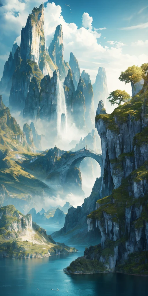 Masterpiece, best quality, high quality, extremely detailed CG unity 8k wallpaper, landscape, outdoor, sky, clouds, sky, no humans, mountain, landscape, water, tree, blue sky, waterfall, cliff, nature, lake, river , Cloudy Sky, Award Winning Photography, Bokeh, Depth of Field, HDR, Bloom, Chromatic Aberration, Photorealism, Very Detailed, Trending on artstation, Trending on CGsociety, Intricate, High Detail, Dramatic, Halfway Art