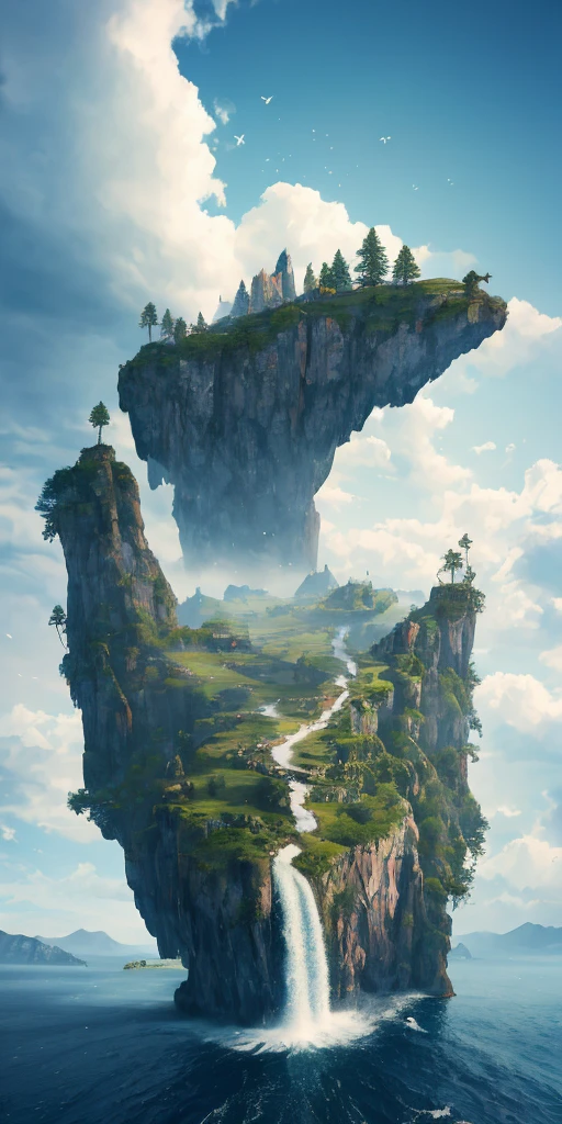 Masterpiece, best quality, high quality, extremely detailed CG unity 8k wallpaper, landscape, outdoor, sky, clouds, sky, no humans, mountain, landscape, water, tree, blue sky, waterfall, cliff, nature, lake, river , Cloudy Sky, Award Winning Photography, Bokeh, Depth of Field, HDR, Bloom, Chromatic Aberration, Photorealism, Very Detailed, Trending on artstation, Trending on CGsociety, Intricate, High Detail, Dramatic, Halfway Art